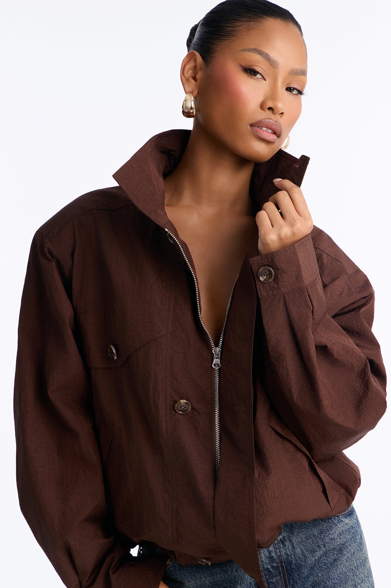 Pretty Chill Funnel Neck Windbreaker - Chocolate