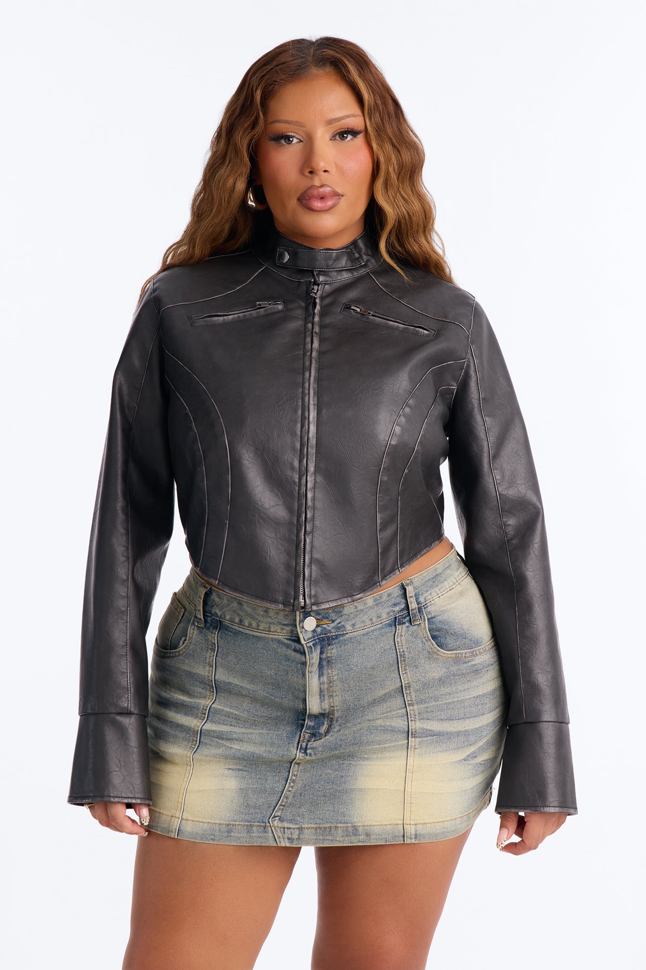 Run The Streets Fitted Washed Faux Leather Moto Jacket - Black