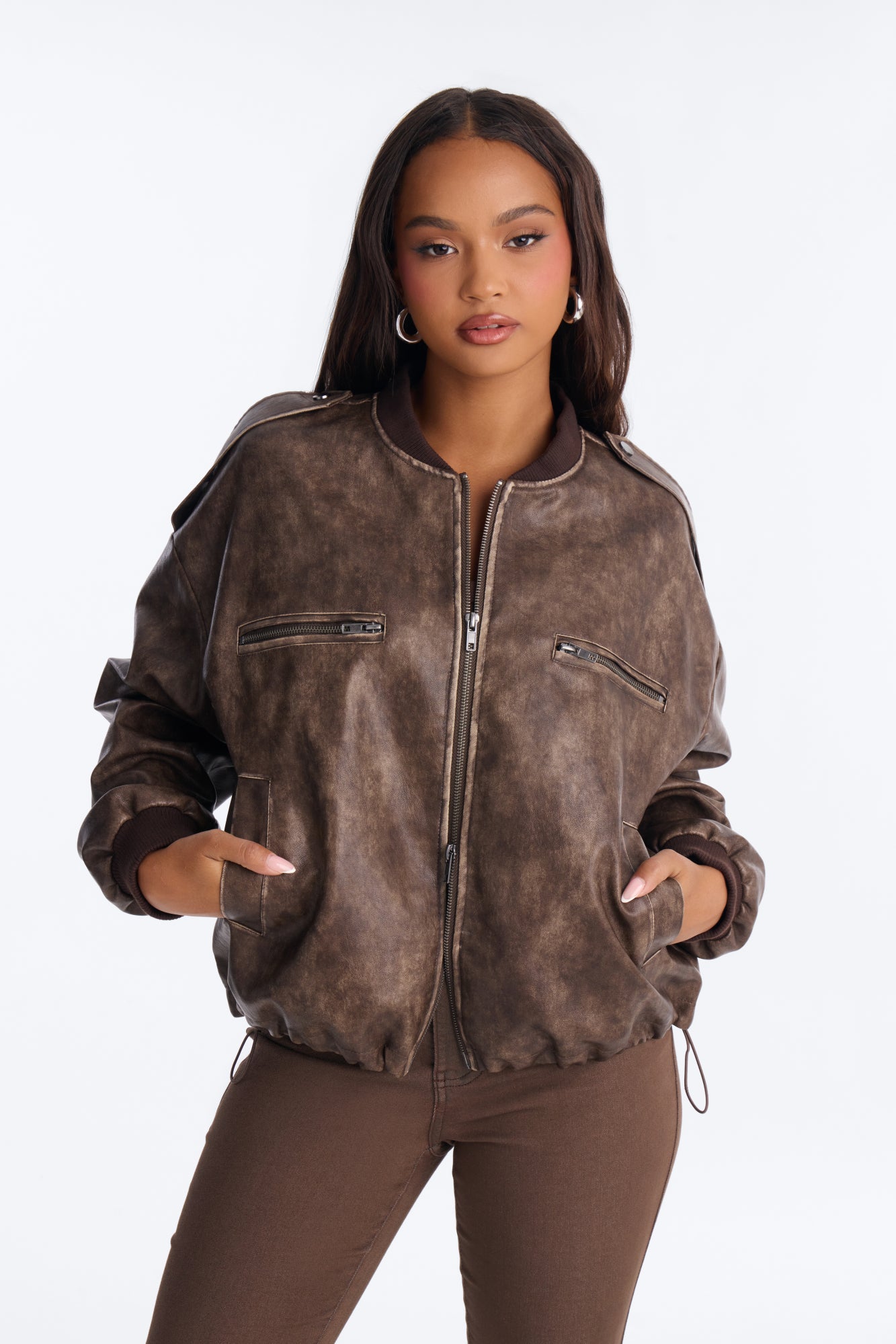 On The Move Faux Leather Bomber - Brown