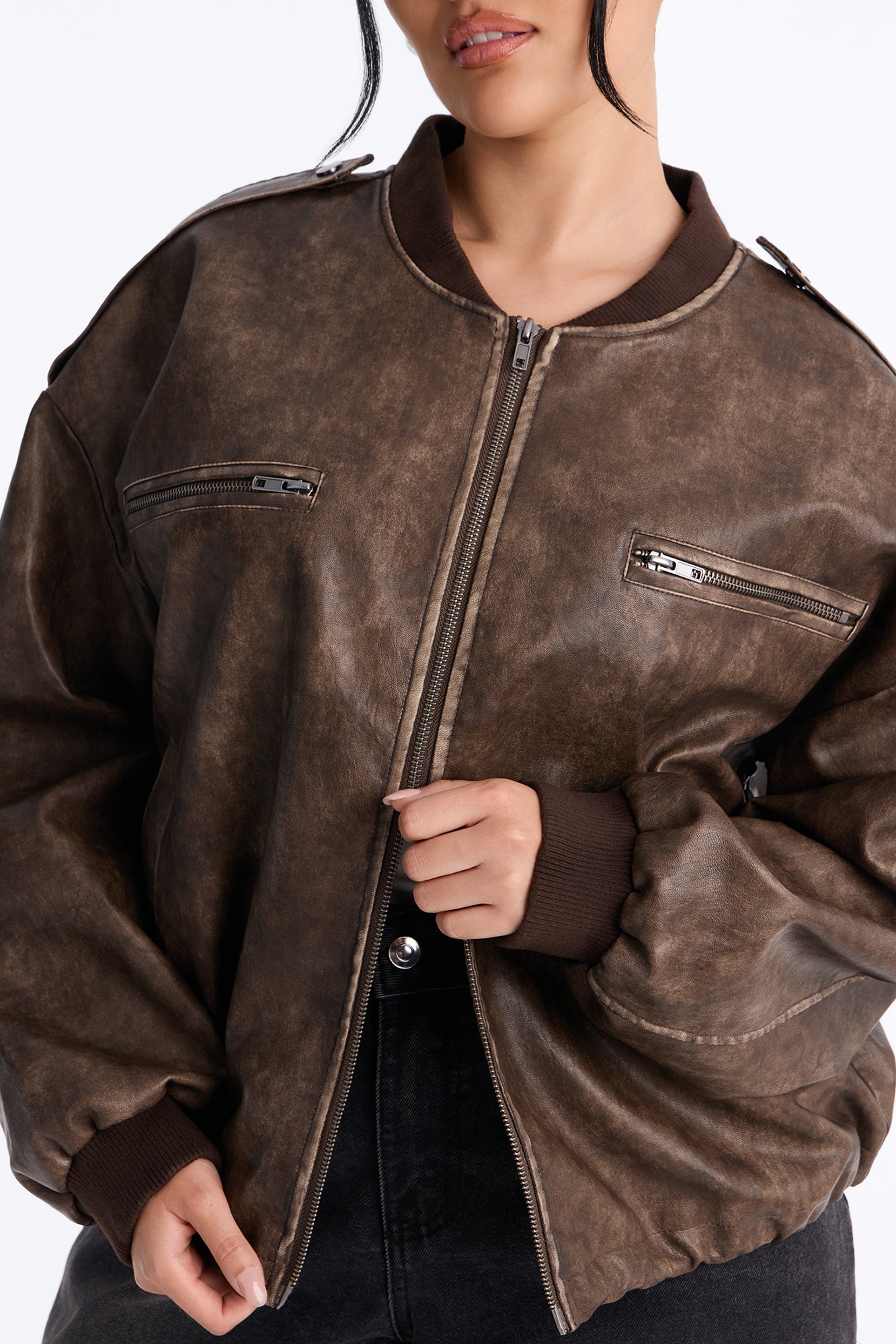 On The Move Faux Leather Bomber - Brown
