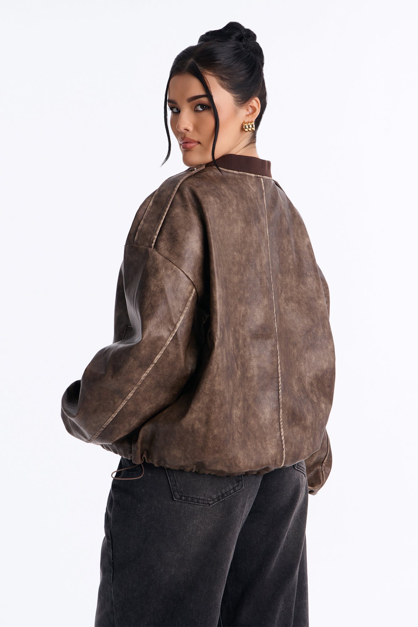 On The Move Faux Leather Bomber - Brown