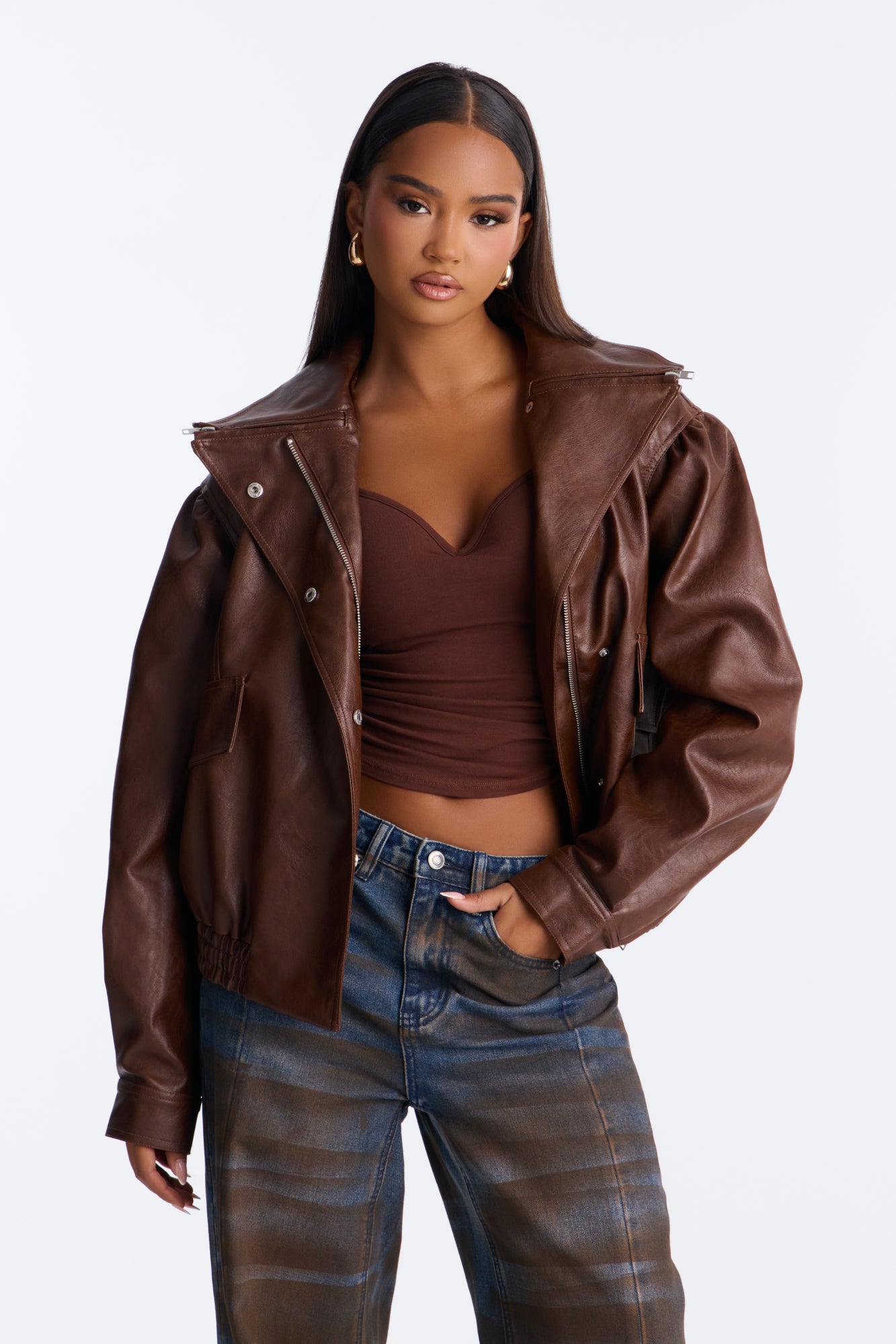 She's The Muse Faux Leather Bomber Jacket - Brown