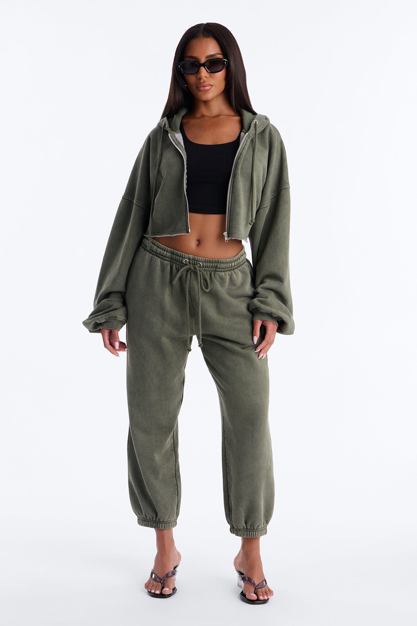 On The Go Fleece Cropped Jogger Set - Olive