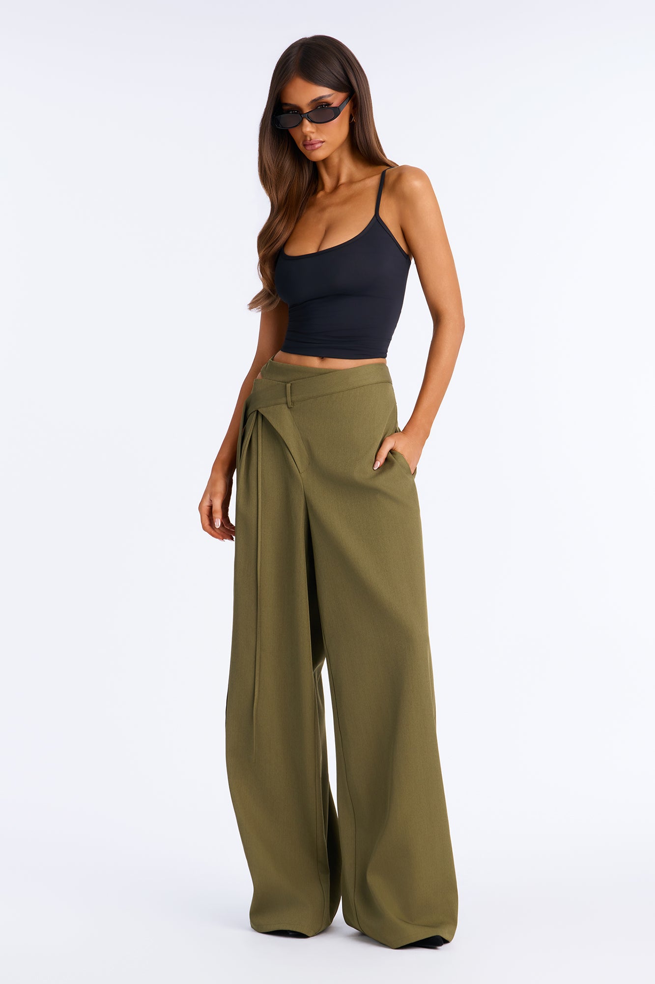 All Wrapped Up Cutout Wide Leg Trousers - Olive