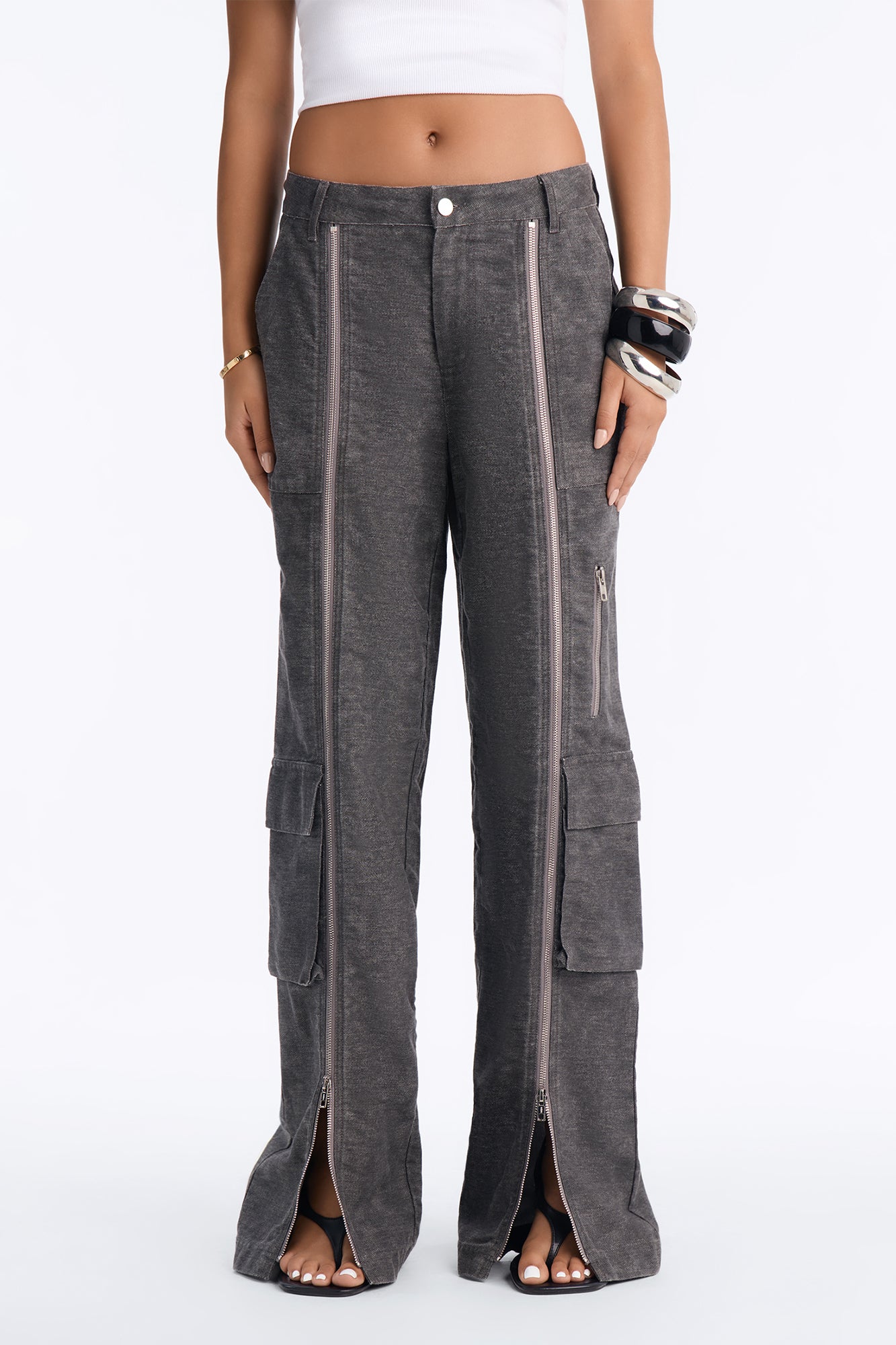 Jordyn Low Rise Washed Zipper Wide Leg Pant - Charcoal