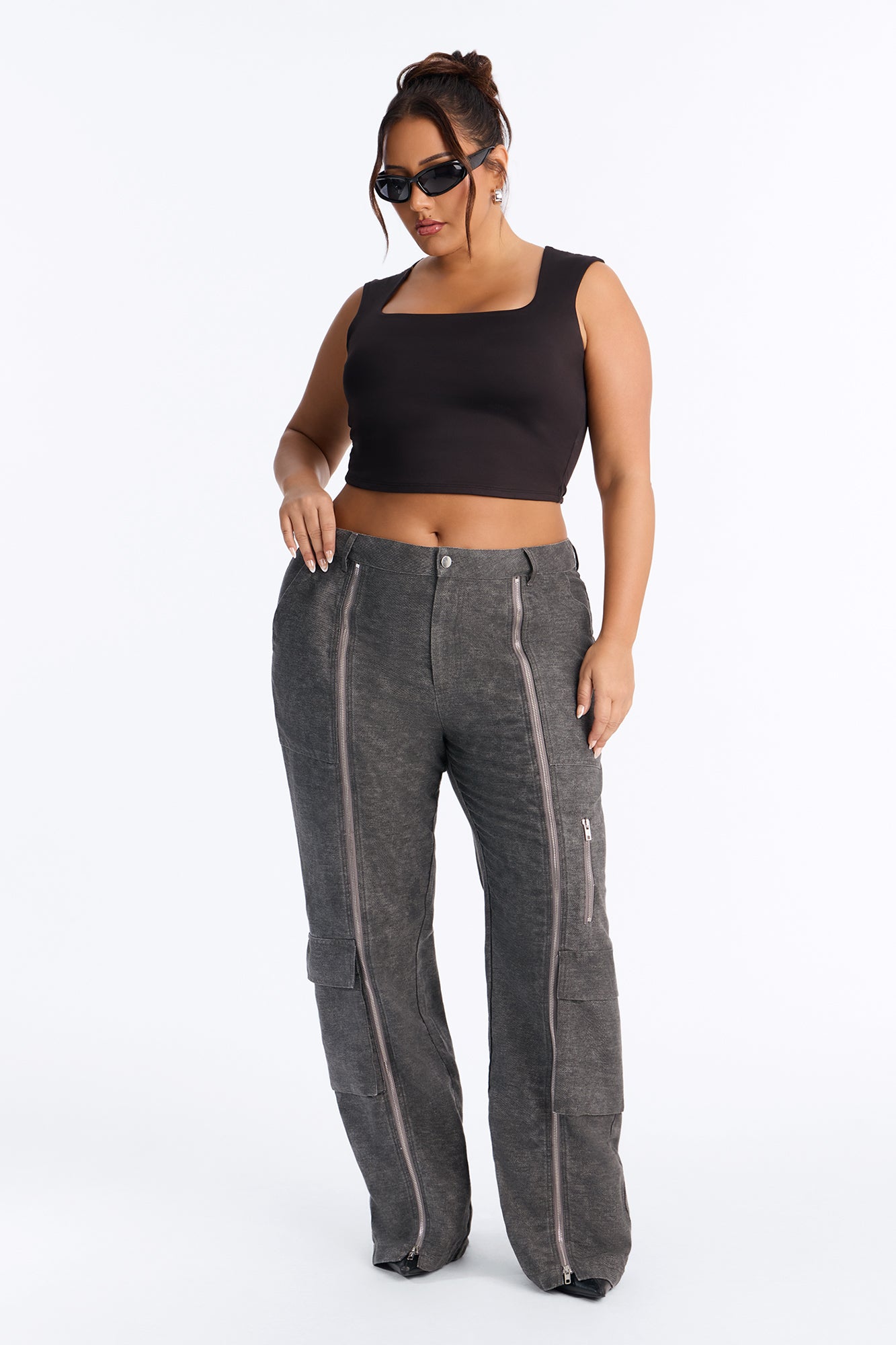 Jordyn Low Rise Washed Zipper Wide Leg Pant - Charcoal
