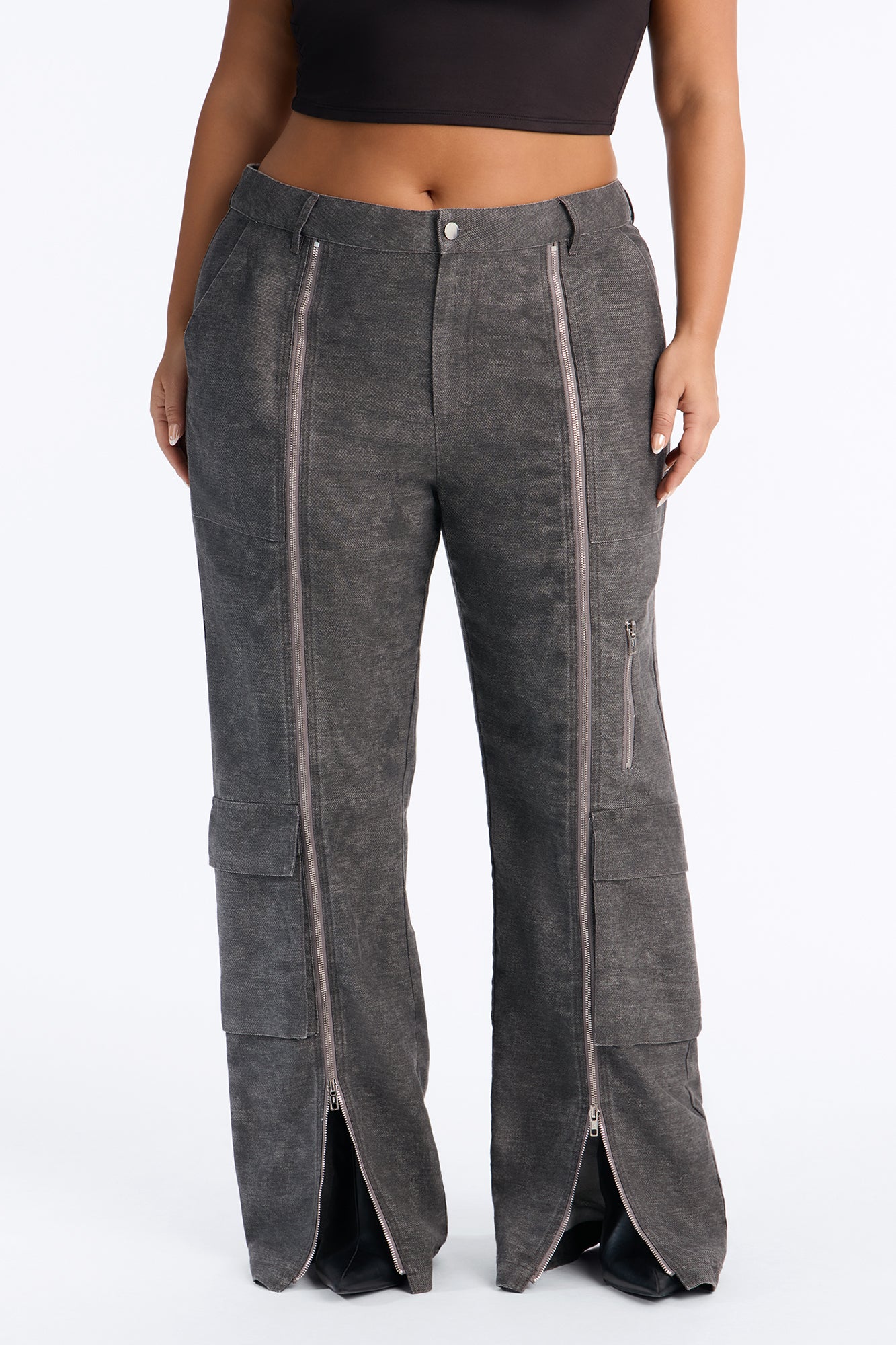 Jordyn Low Rise Washed Zipper Wide Leg Pant - Charcoal