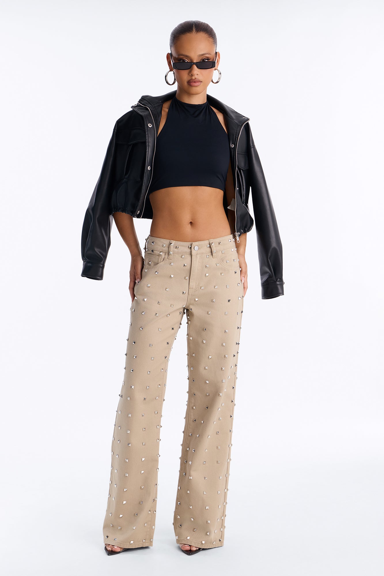 Carmen Mid Rise Studded Wide Leg Pant - Beige