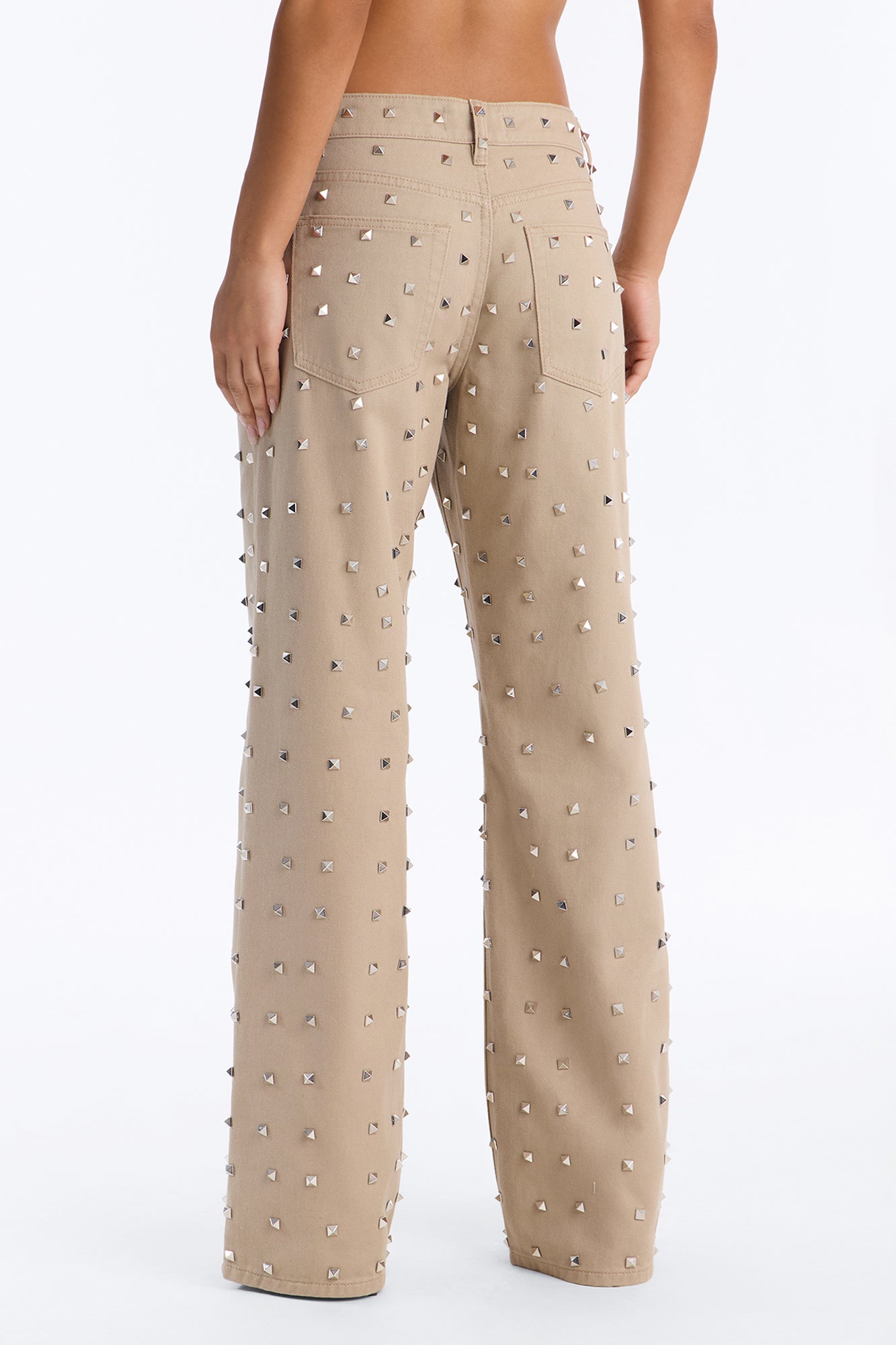 Carmen Mid Rise Studded Wide Leg Pant - Beige