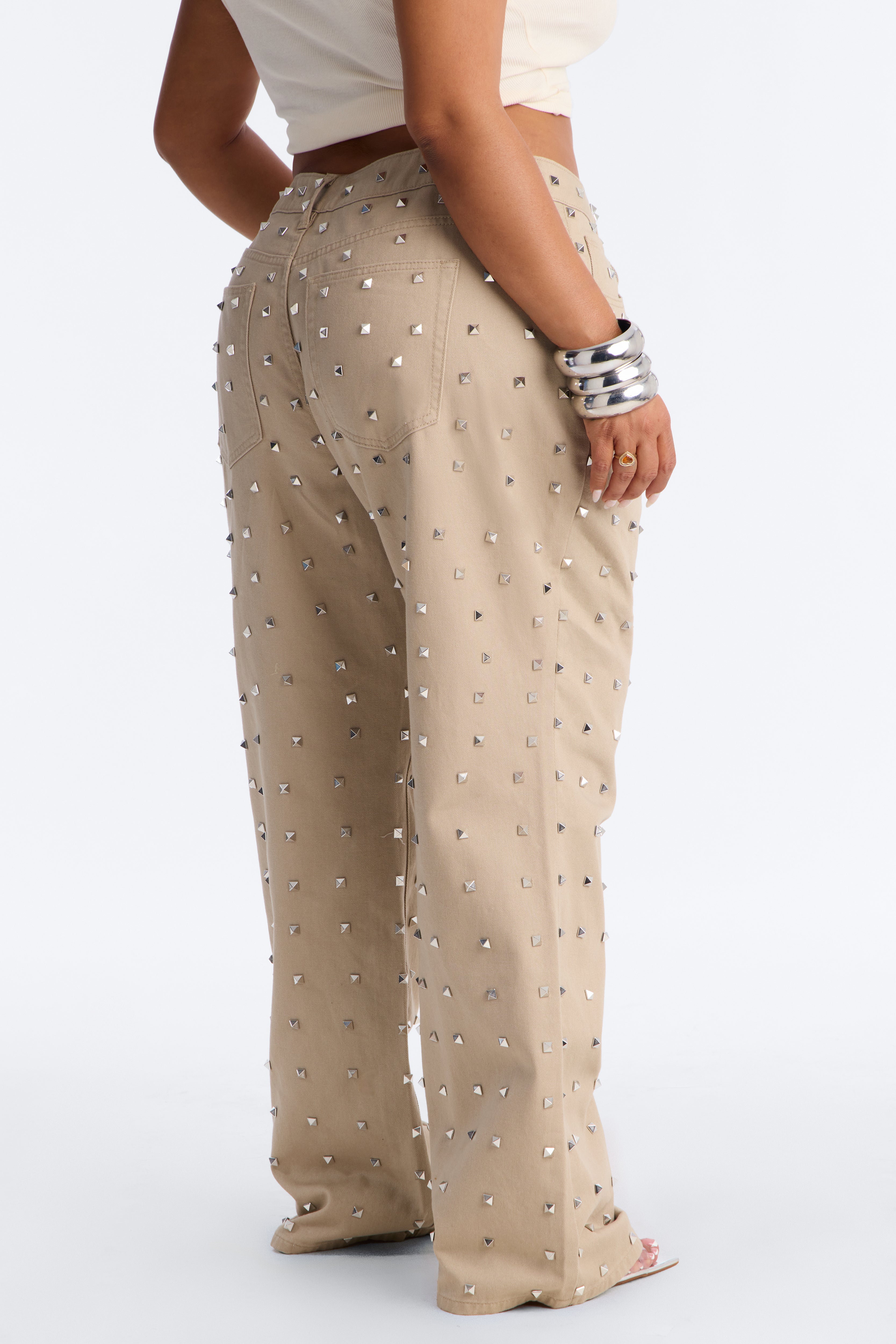 Carmen Mid Rise Studded Wide Leg Pant - Beige