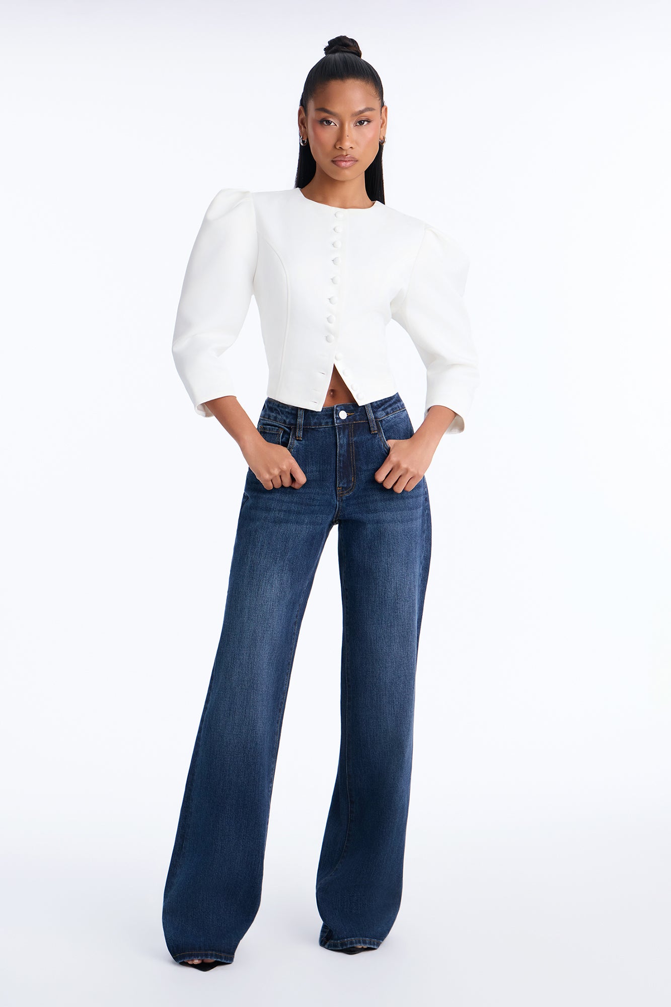 Melania Button Front Puff Sleeve Satin Jacket - Ivory