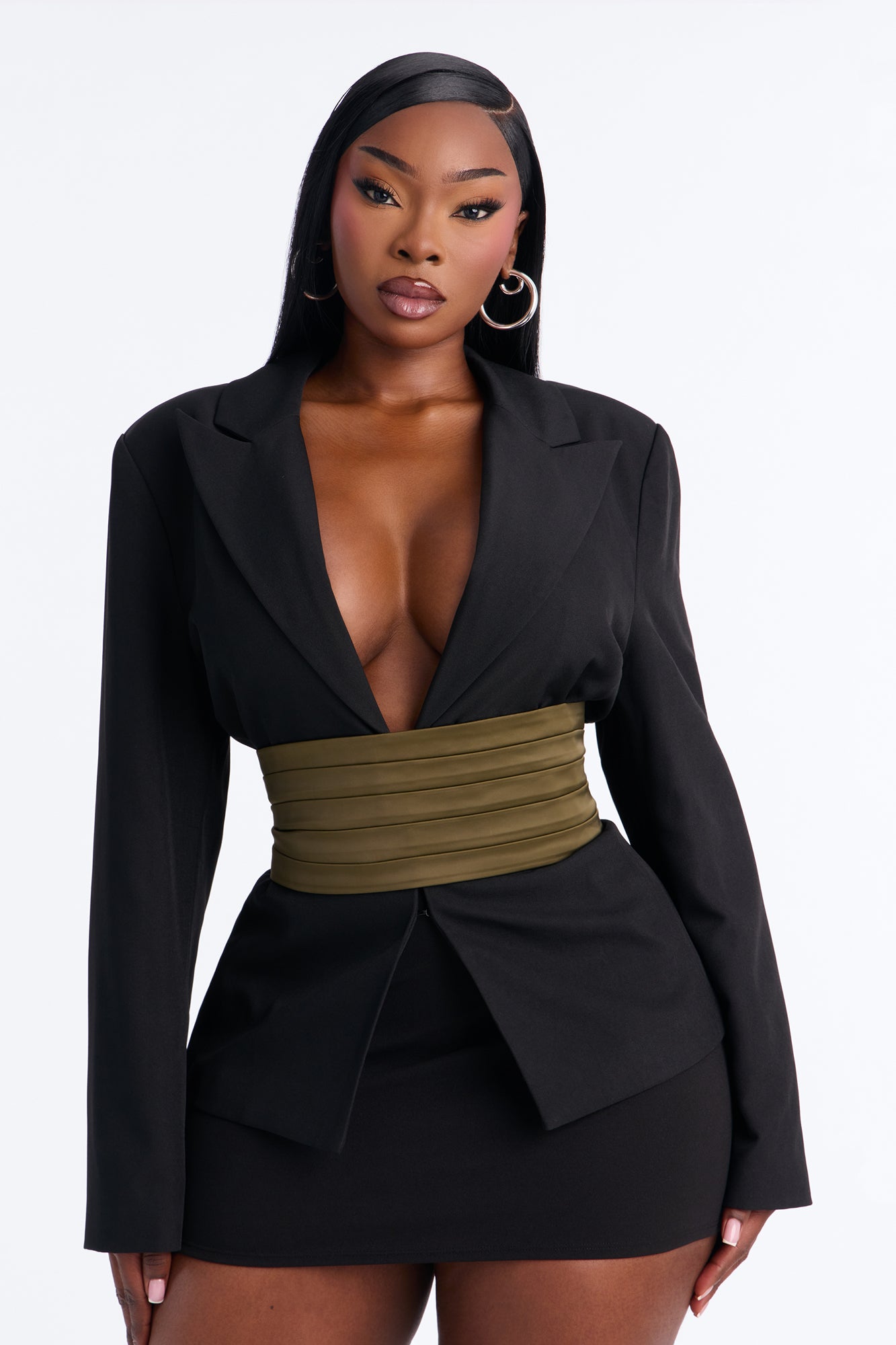 Juniper Plunging Cummerbund Belted Waist Blazer - Black
