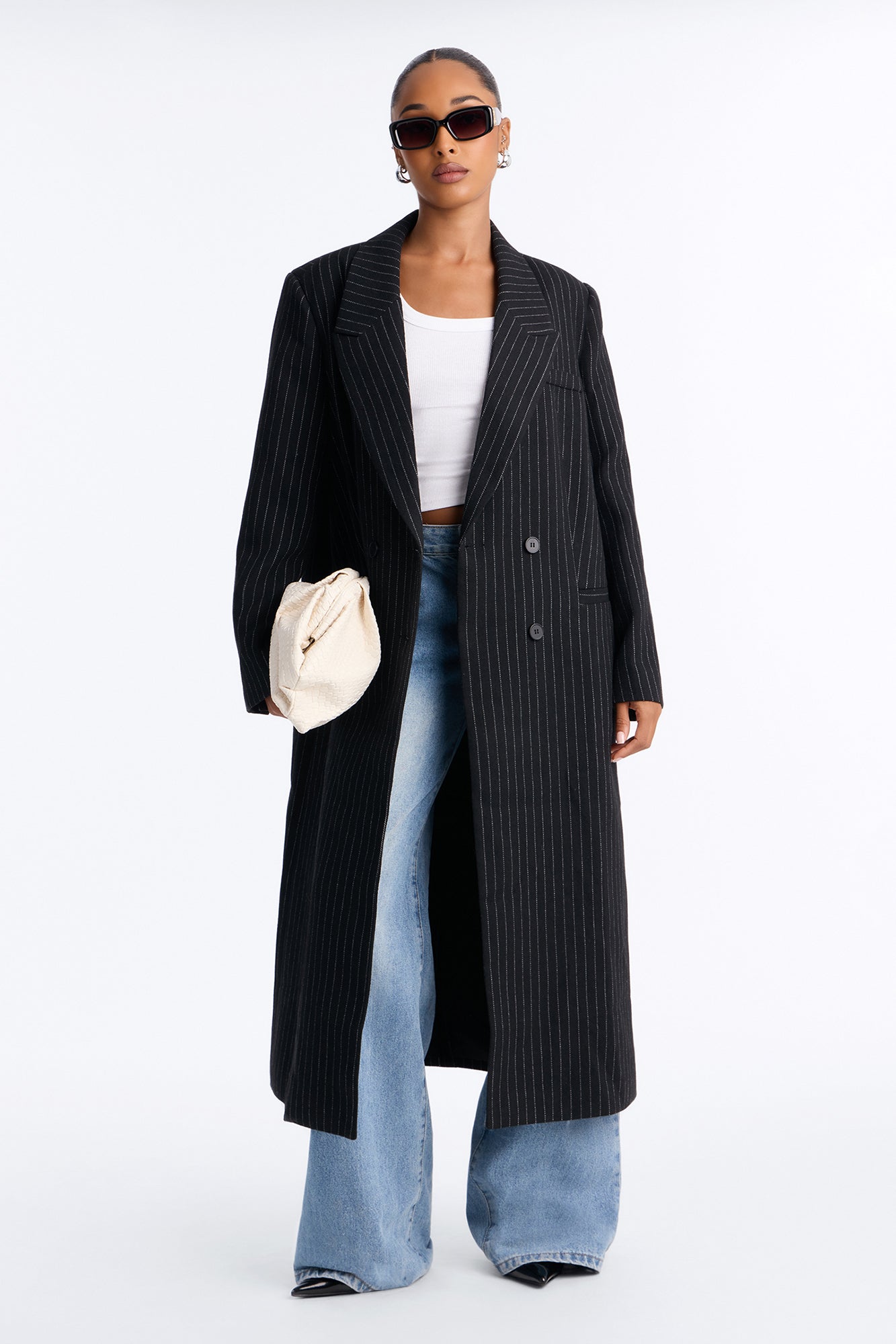 Harper Double Breasted Pinstripe Wool Maxi Coat - Black/combo