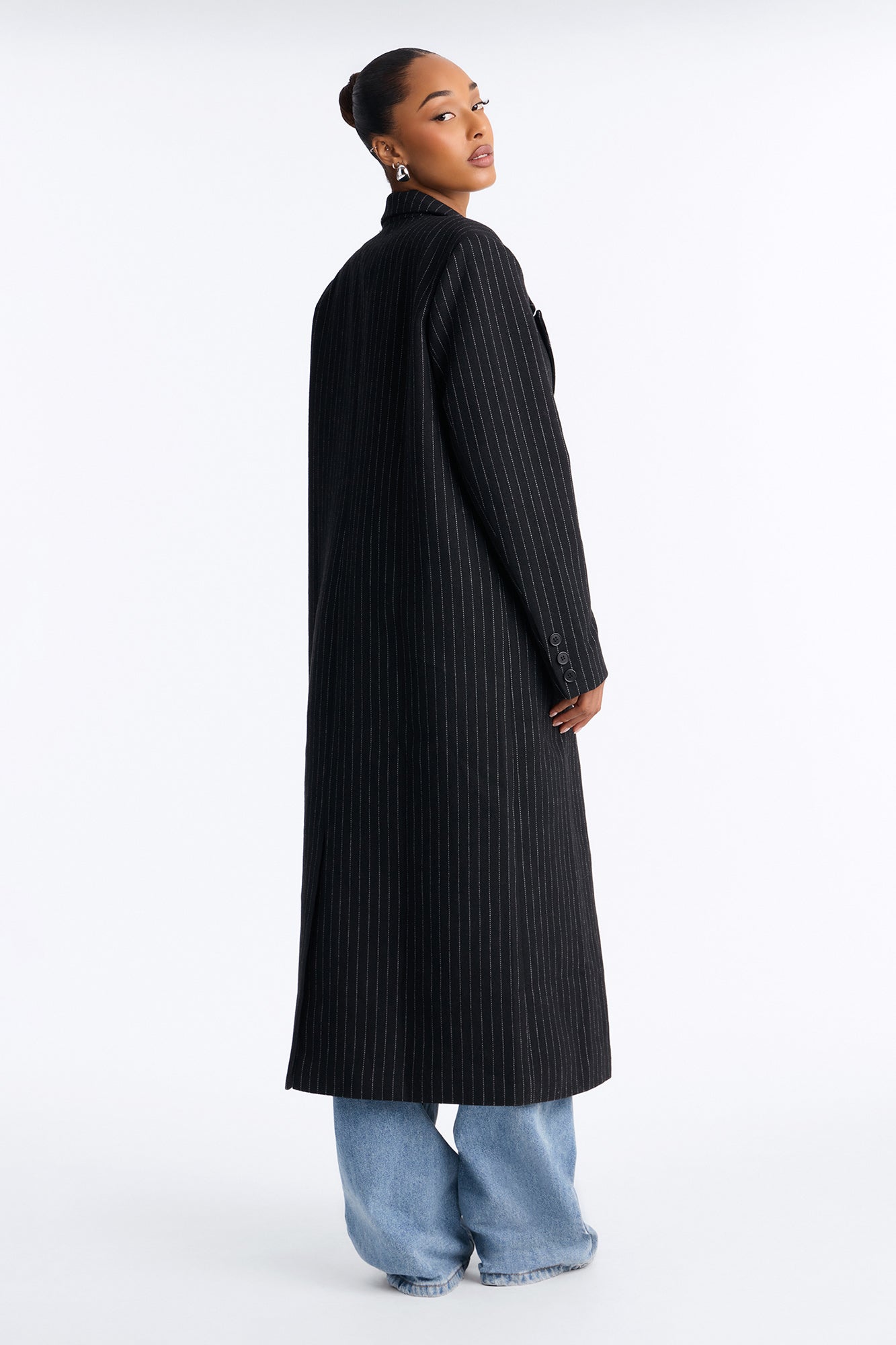 Harper Double Breasted Pinstripe Wool Maxi Coat - Black/combo