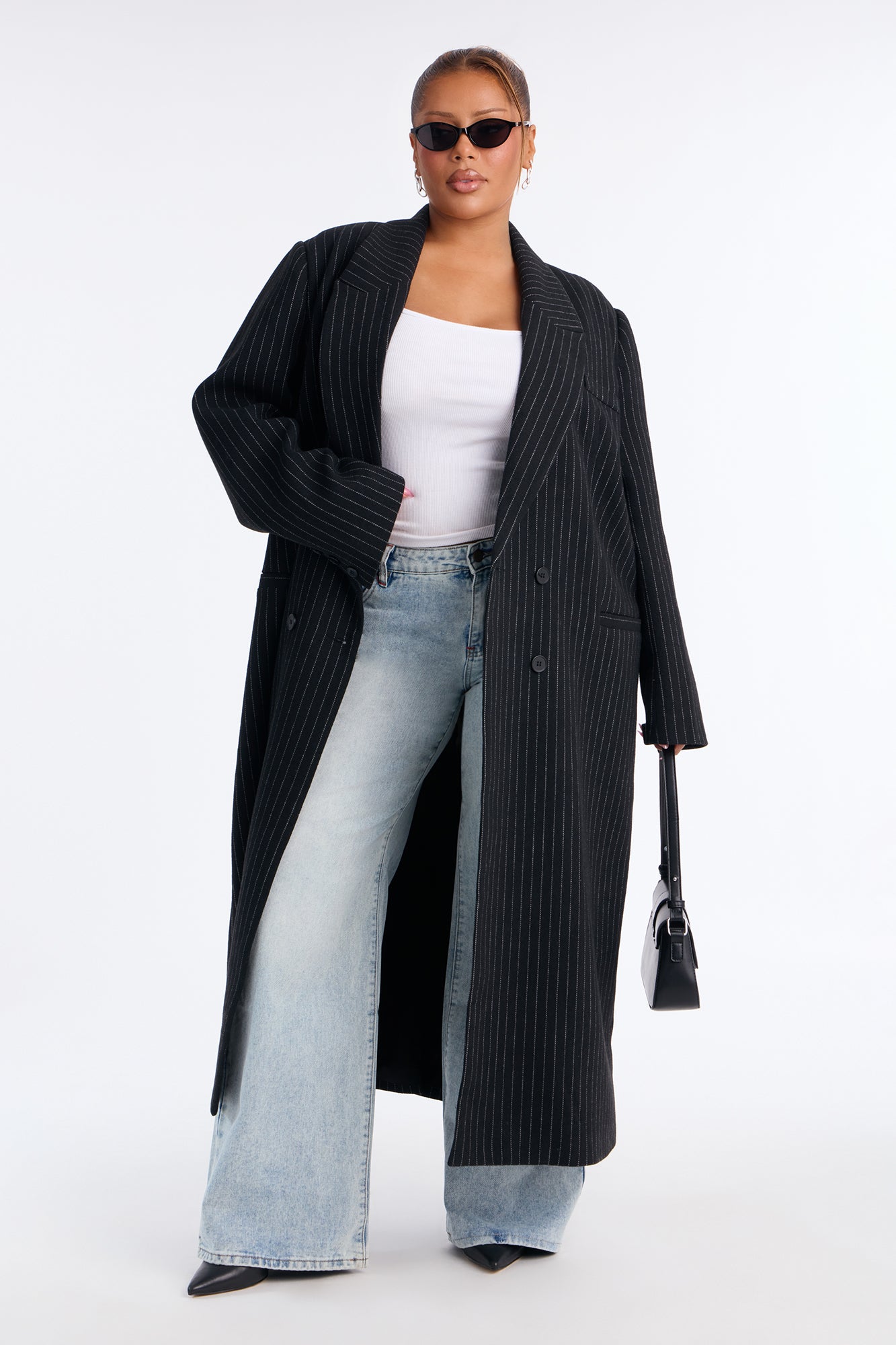 Harper Double Breasted Pinstripe Wool Maxi Coat - Black/combo