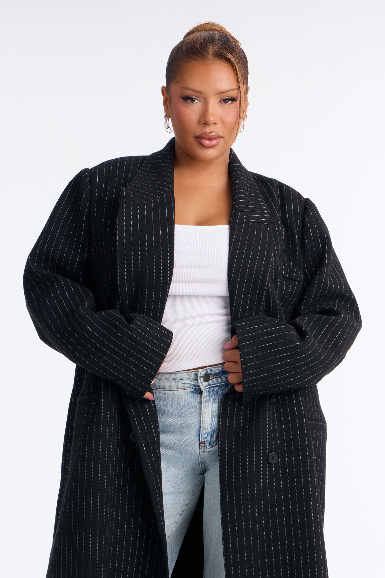 Harper Double Breasted Pinstripe Wool Maxi Coat - Black/combo