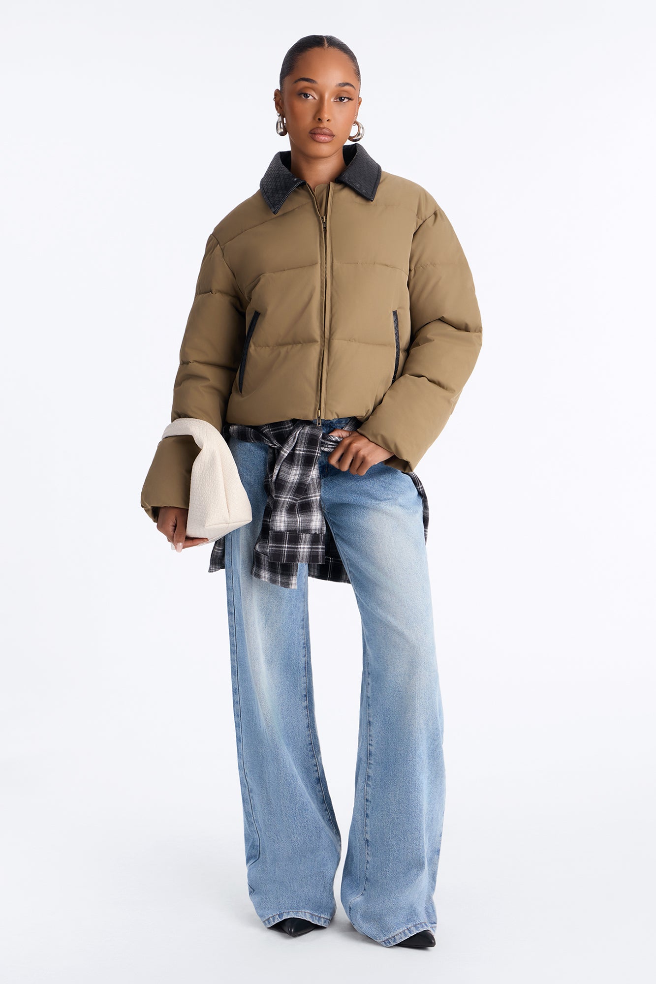 Staying Chic Contrast Collar Elastic Hem Puffer - Olive/combo