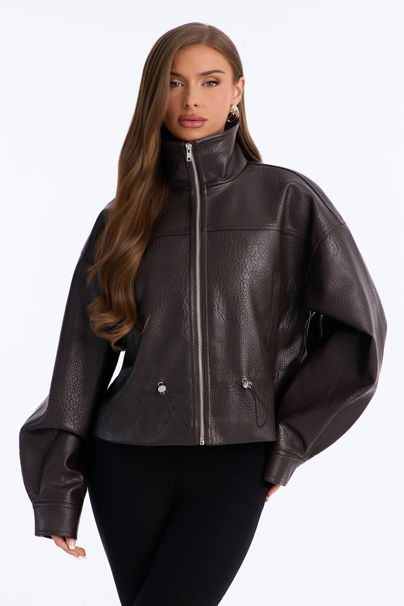 Ava Faux Leather Funnel Neck Cinched Waist Bomber - Brown