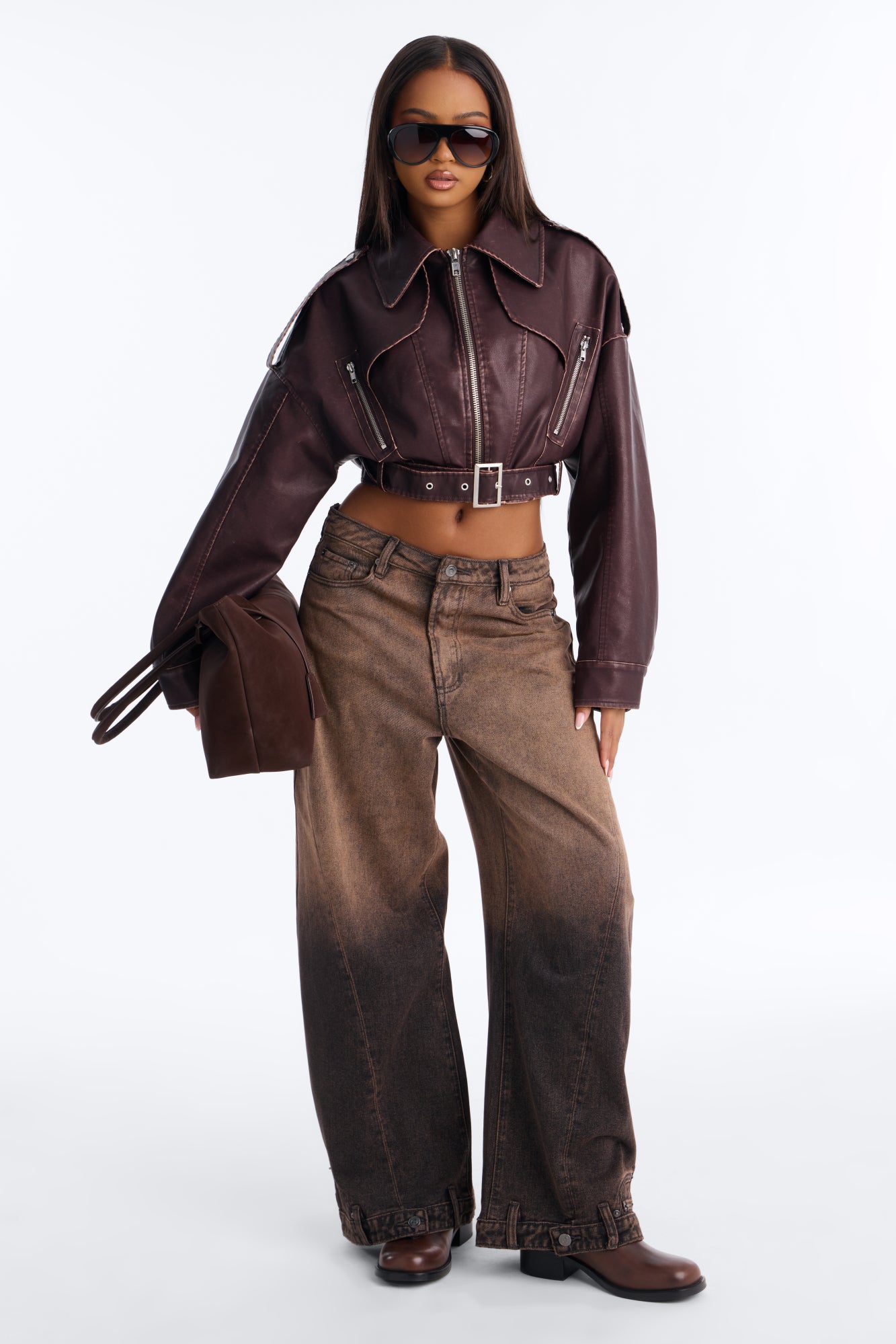Megan Washed Faux Leather Belted Moto Jacket - Chestnut