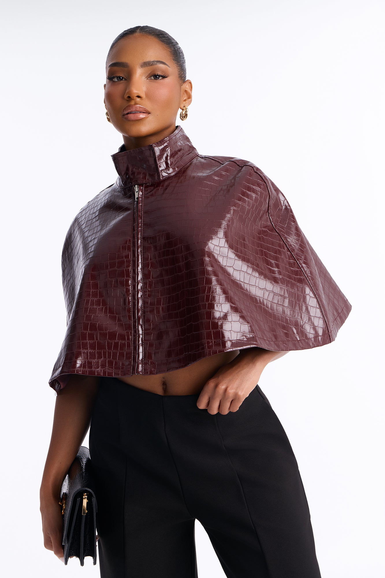 Midnight Funnel Neck Croc Cape - Burgundy