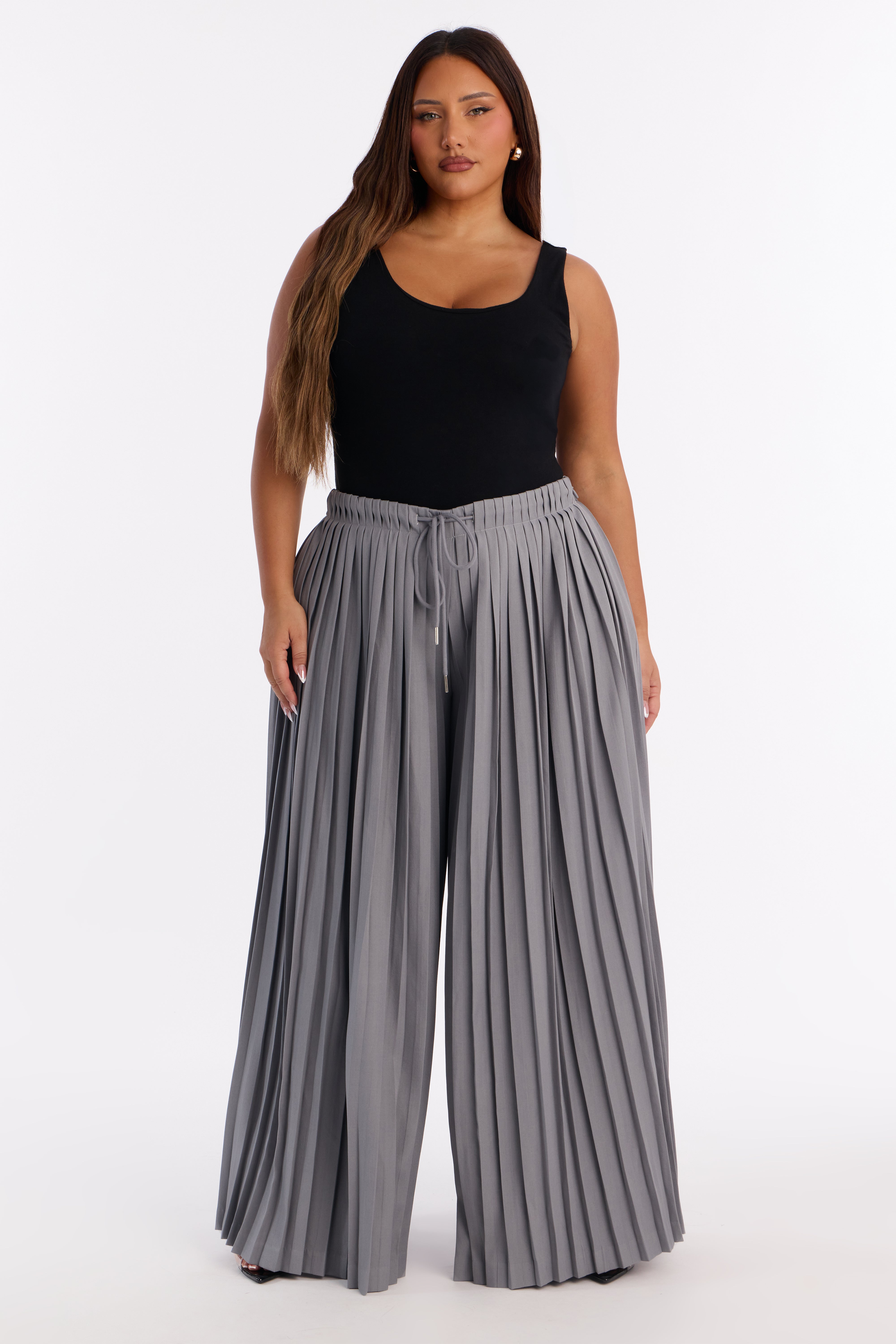 Adele All Over Pleated Wide Leg Trouser - Light Grey