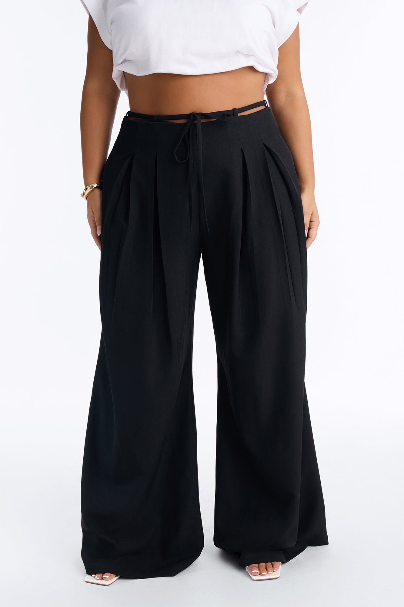Halle High Rise Tie Waist Pleated Trouser - Black