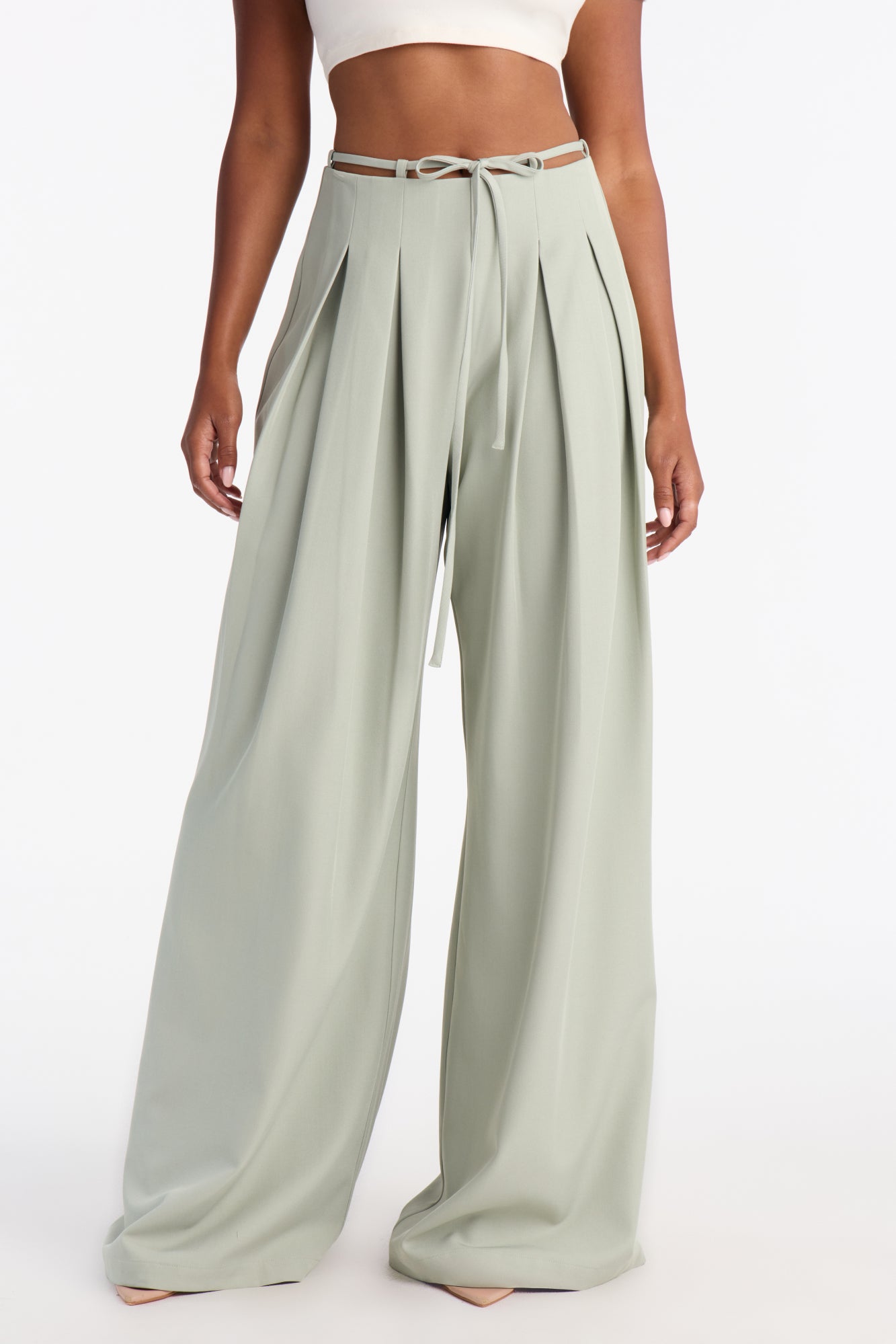 Halle High Rise Tie Waist Pleated Trouser - Sage