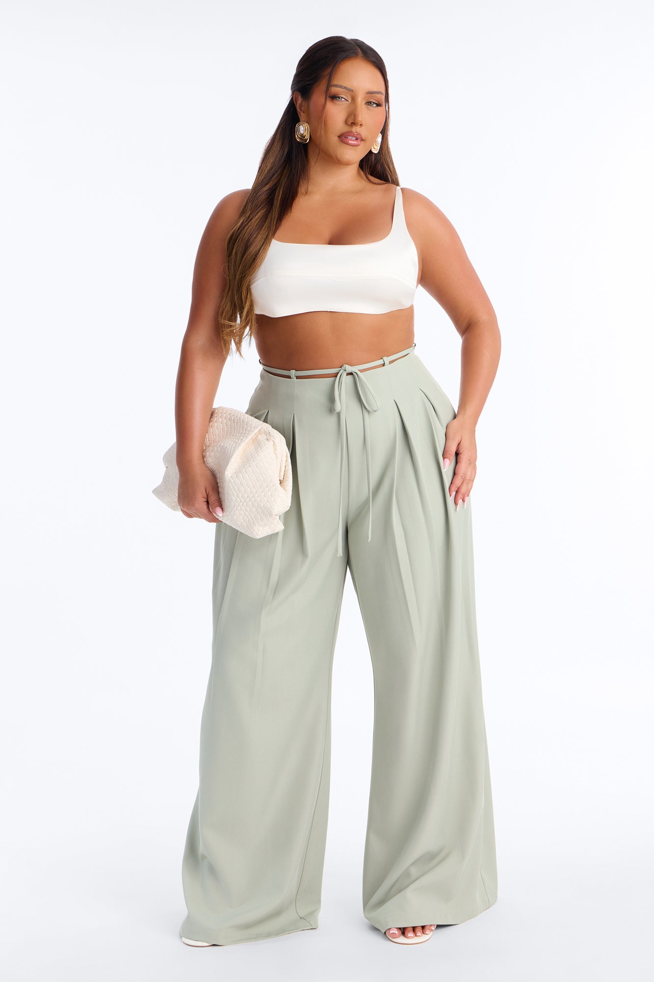 Halle High Rise Tie Waist Pleated Trouser - Sage