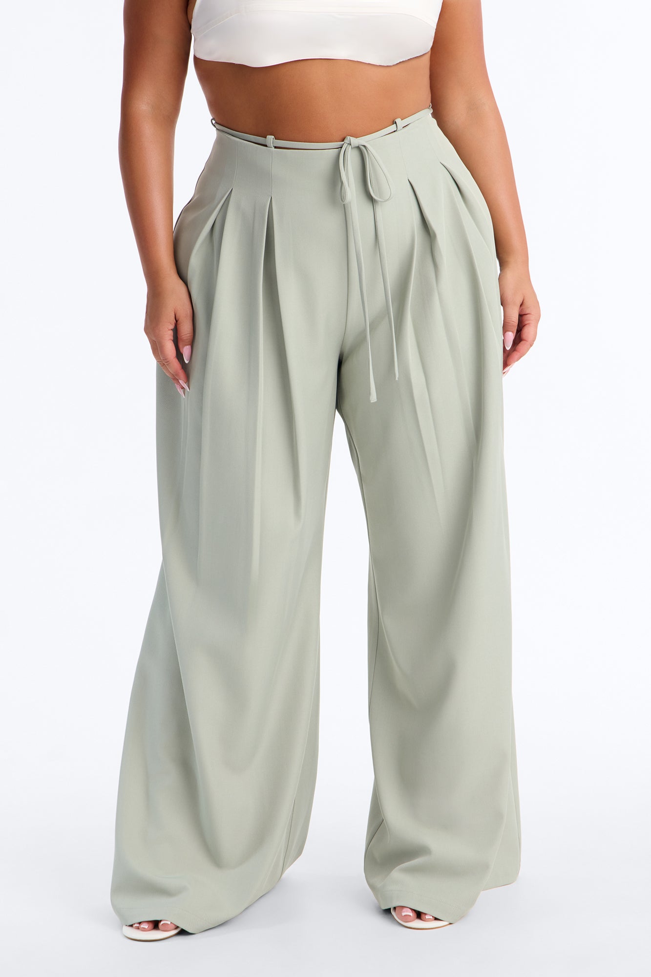 Halle High Rise Tie Waist Pleated Trouser - Sage