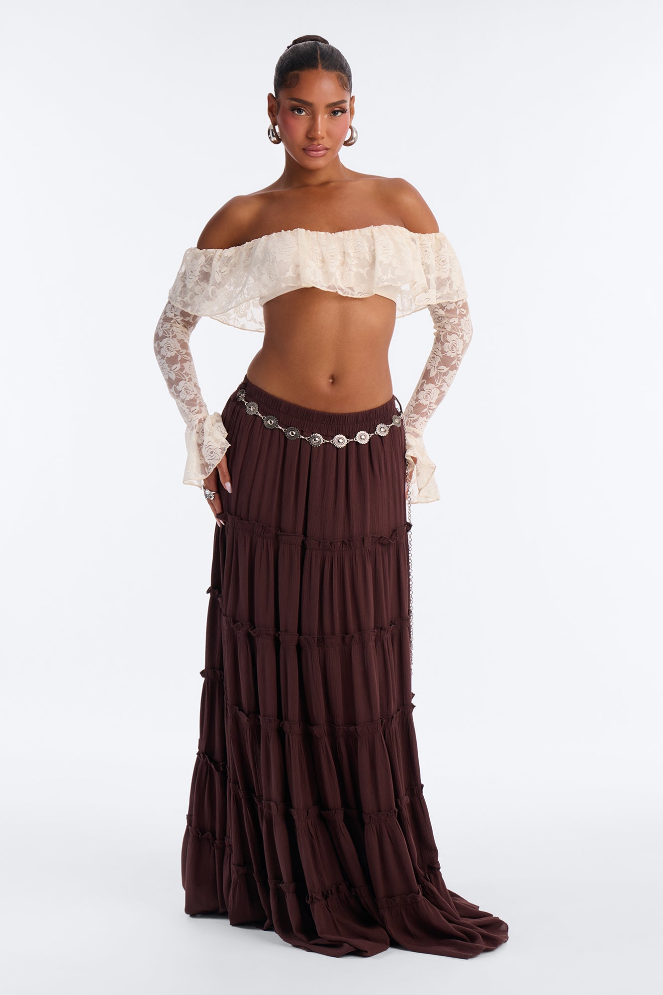 Free Spirit Low Rise Belted Tiered Maxi Skirt - Brown