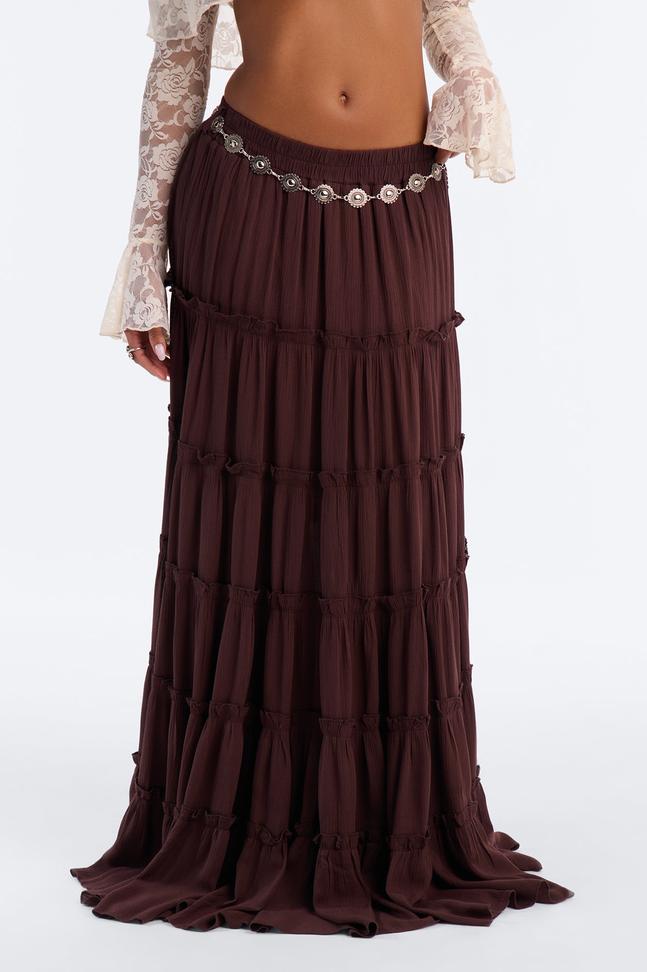 Free Spirit Low Rise Belted Tiered Maxi Skirt - Brown