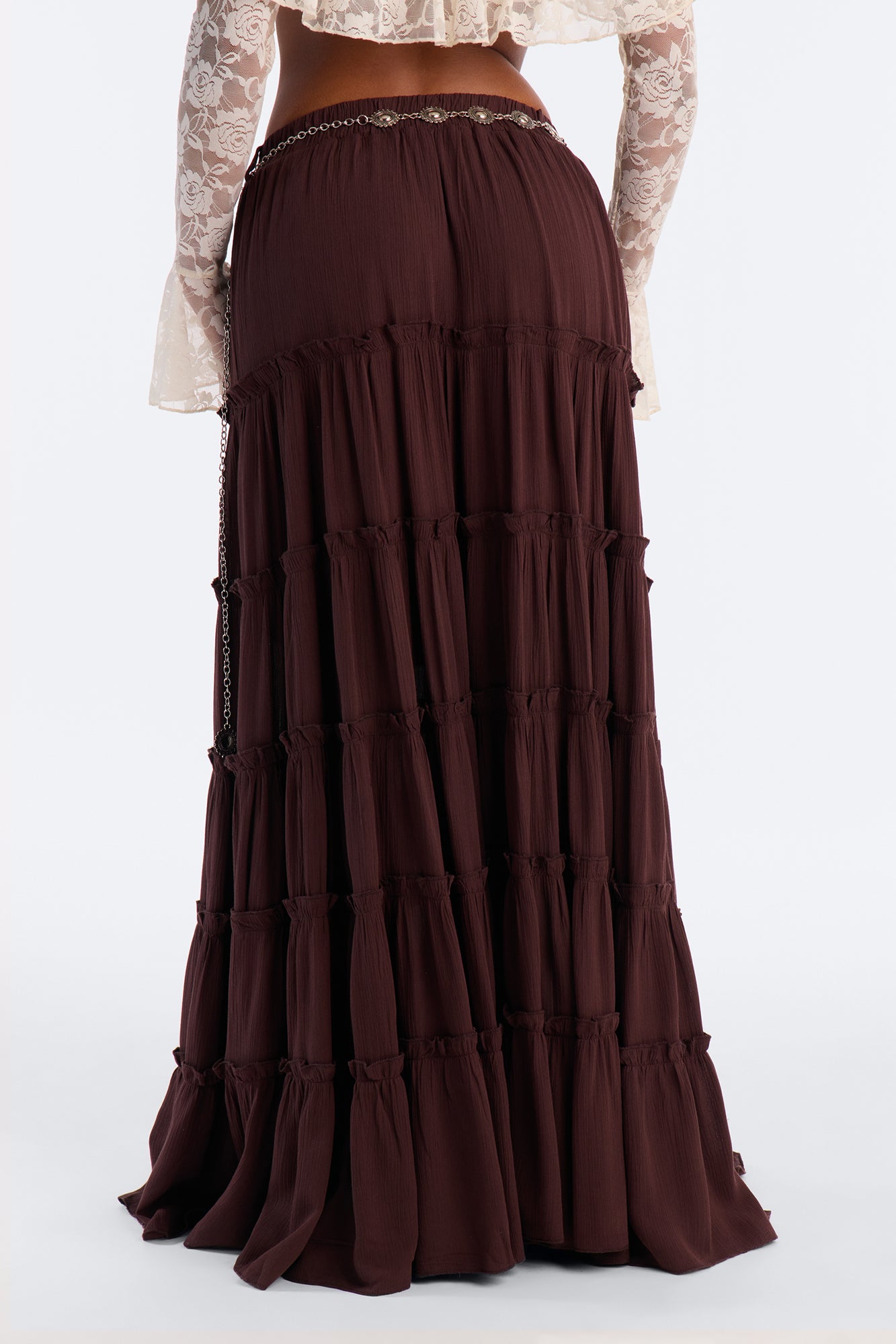 Free Spirit Low Rise Belted Tiered Maxi Skirt - Brown