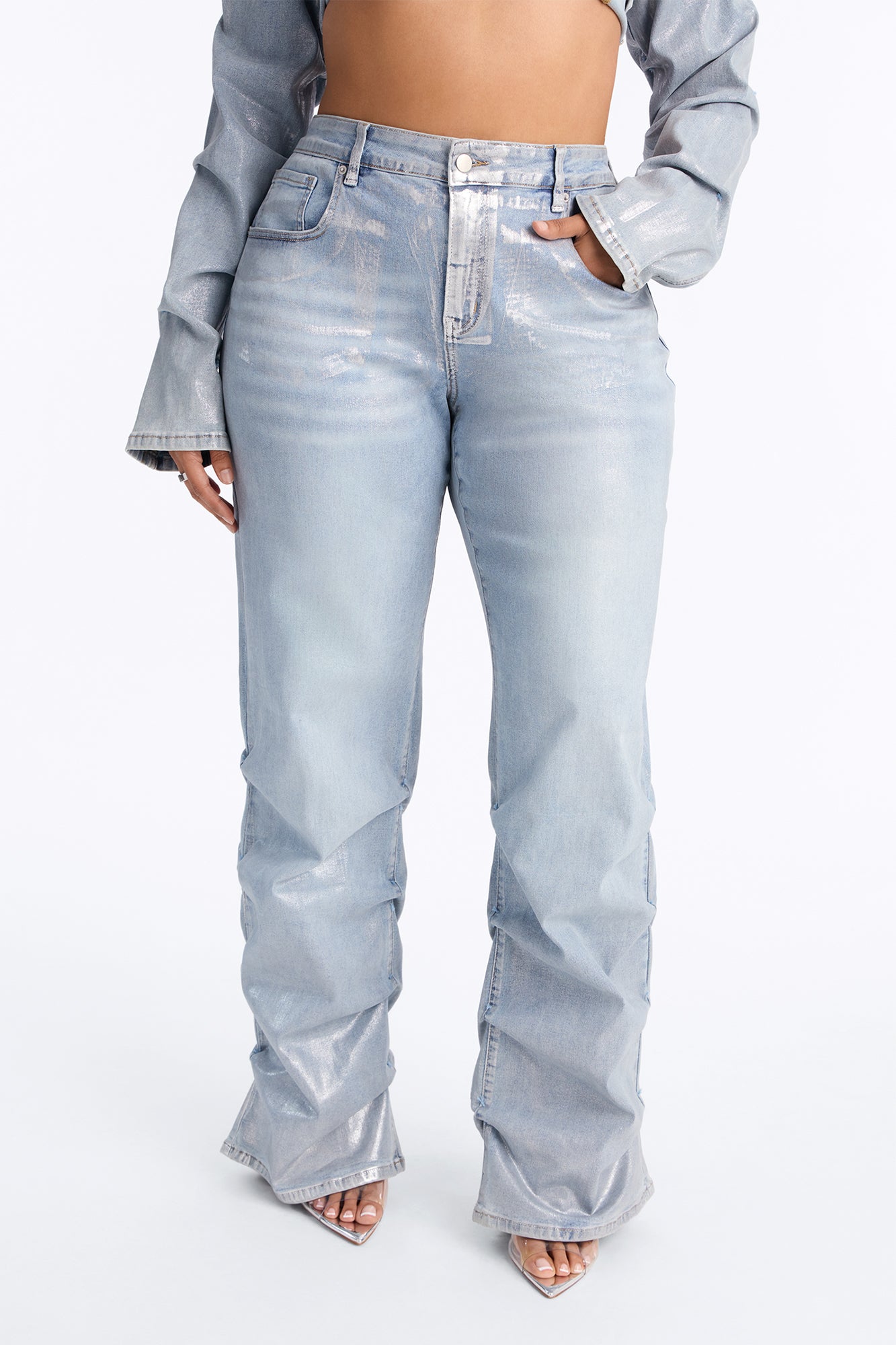 Frenchie Foil Stacked Slim Jeans - Light Wash