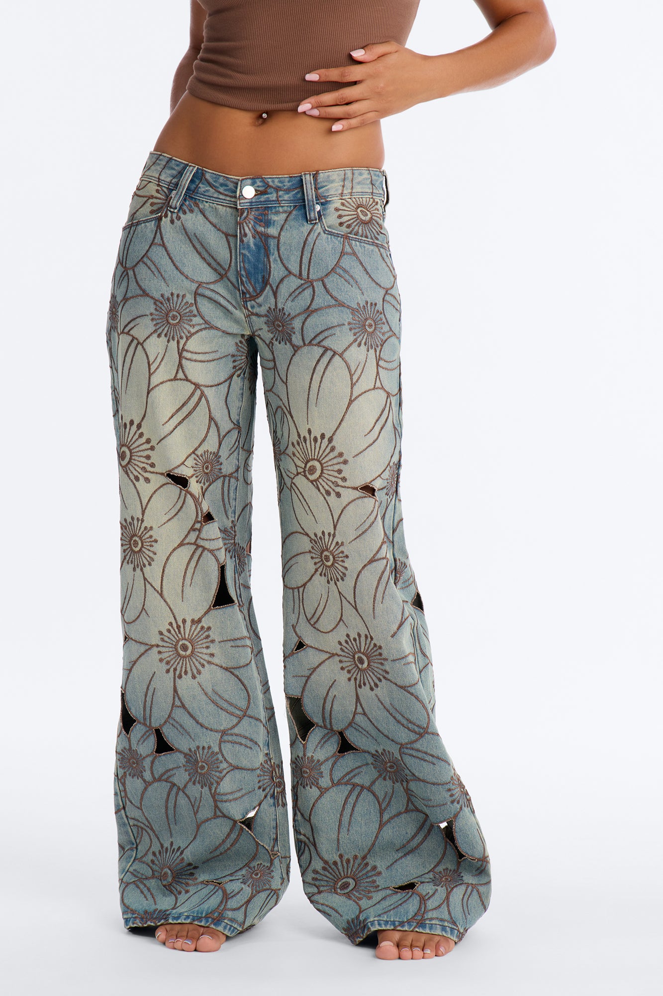Boheme Cut Out Embroidered Wide Leg Jeans - Vintage Wash
