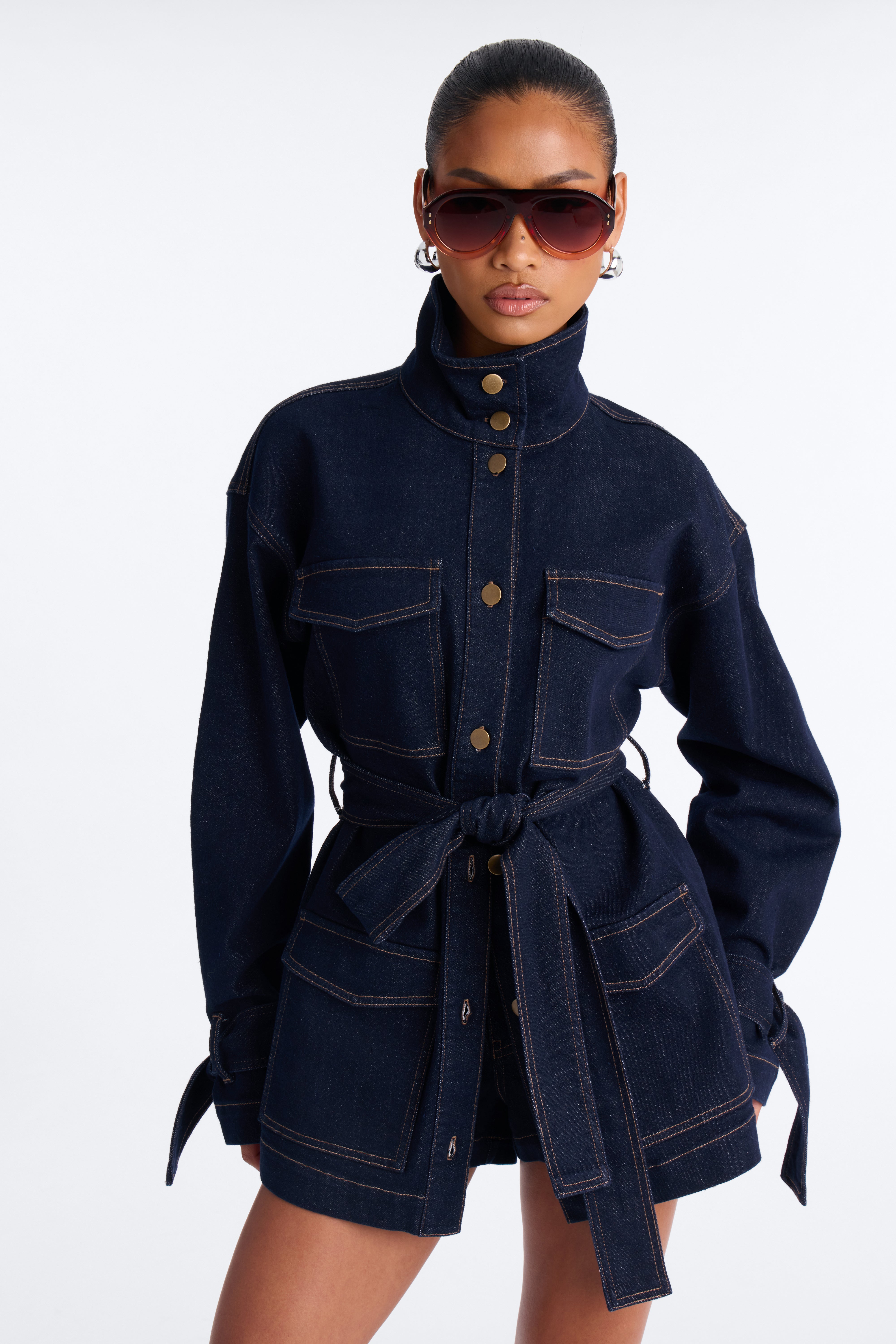 Miranda Belted Denim Short Set - Dark Denim