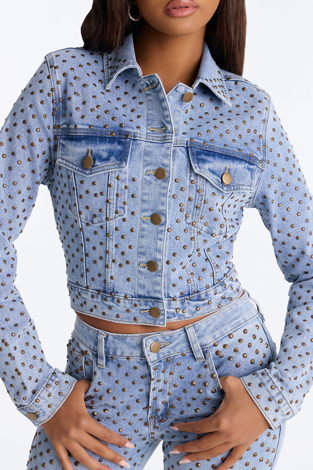 Paris Premium Stud Embellished Denim Jacket - Light Wash