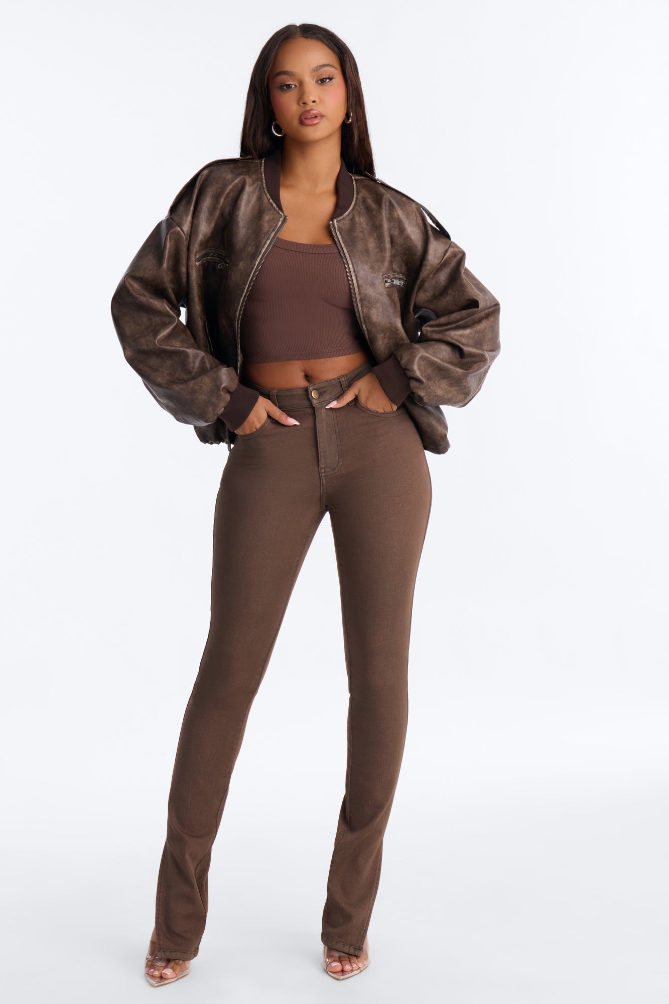 Sierra Split Hem High Rise Stretch Skinny Jeans - Brown