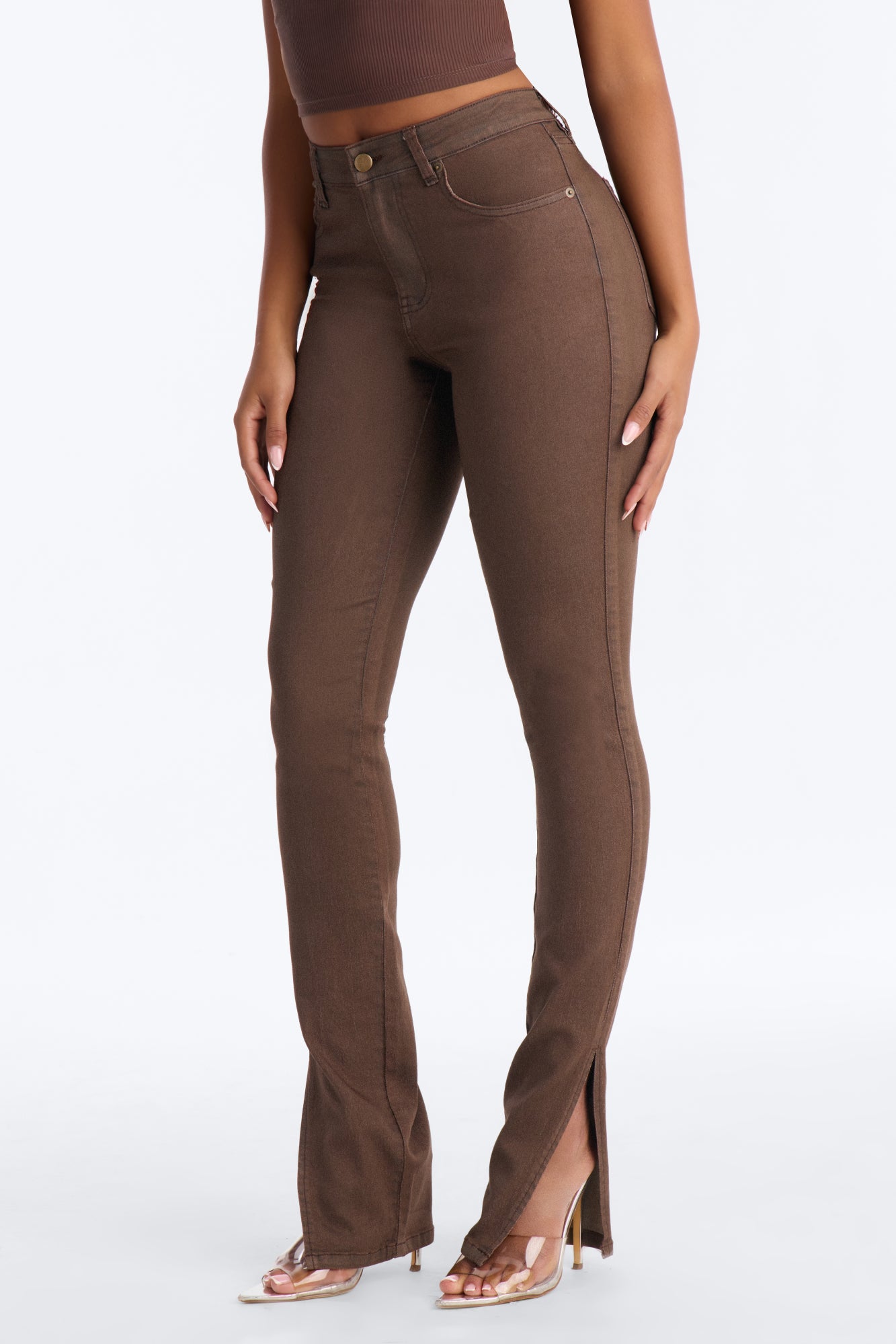 Sierra Split Hem High Rise Stretch Skinny Jeans - Brown