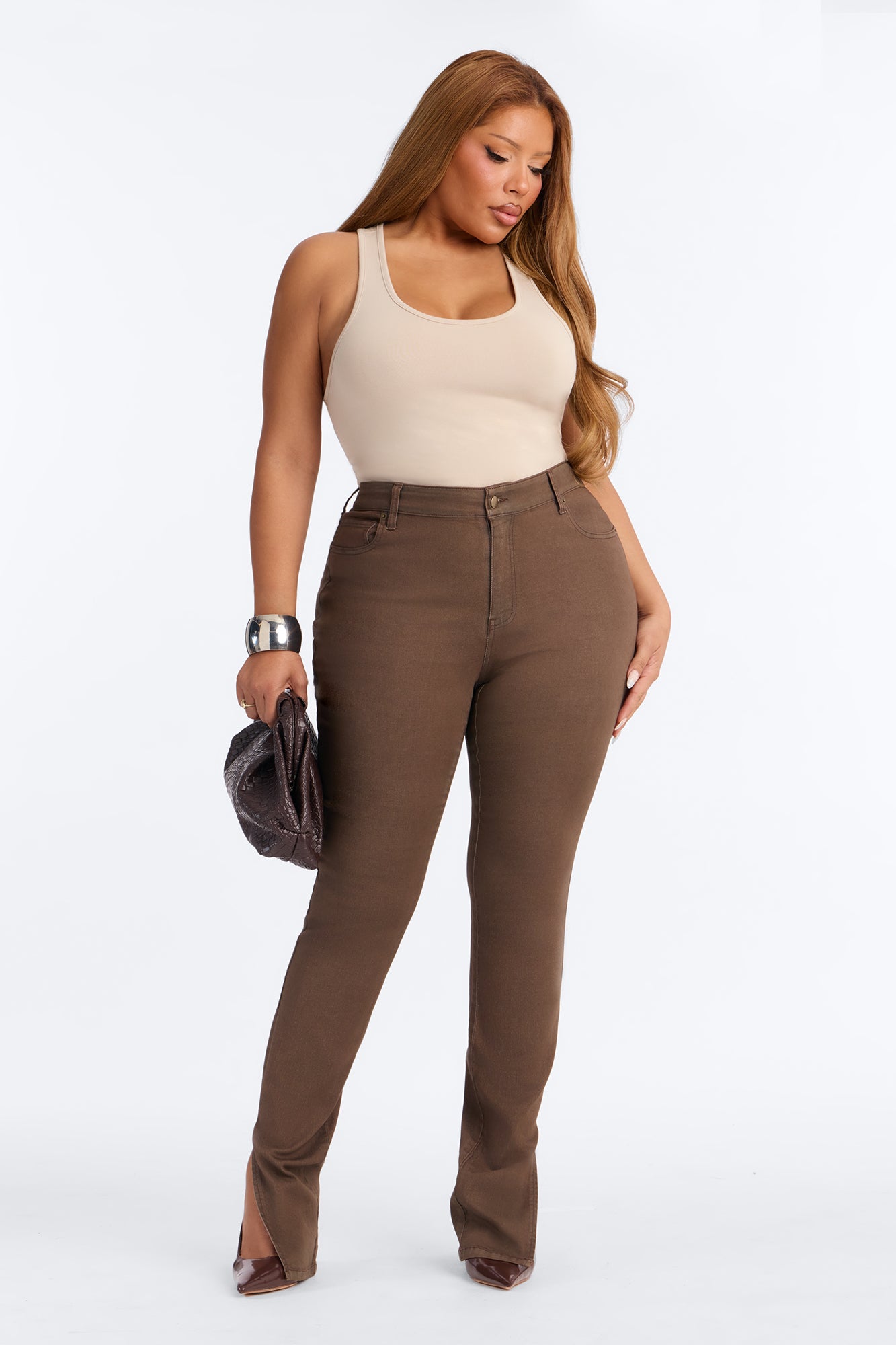 Sierra Split Hem High Rise Stretch Skinny Jeans - Brown