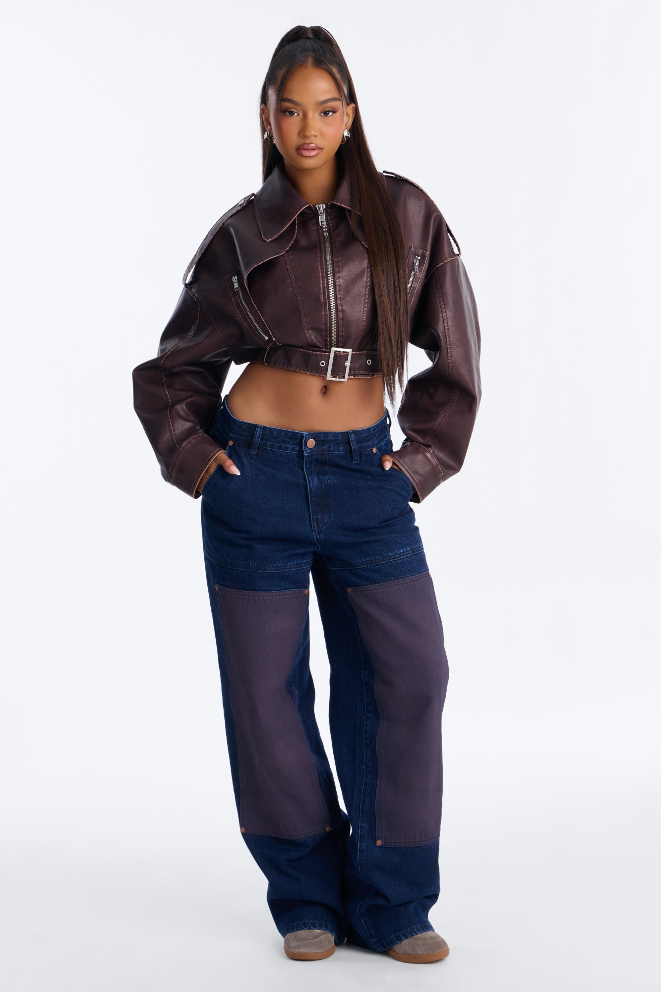 Portia Paneled Utility Baggy Jeans - Dark Wash