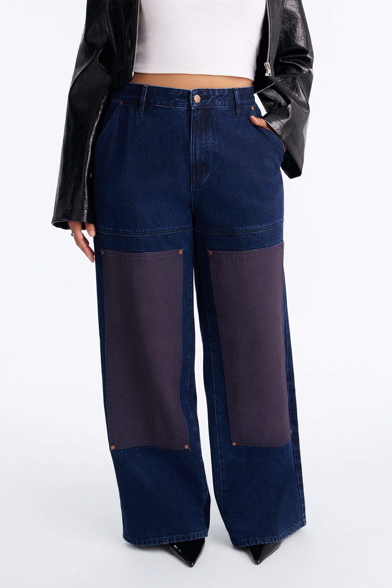 Portia Paneled Utility Baggy Jeans - Dark Wash