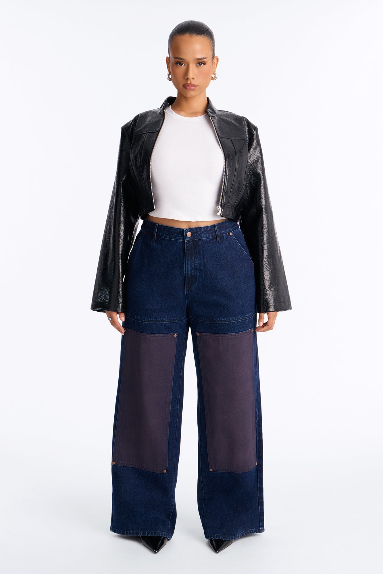 Portia Paneled Utility Baggy Jeans - Dark Wash