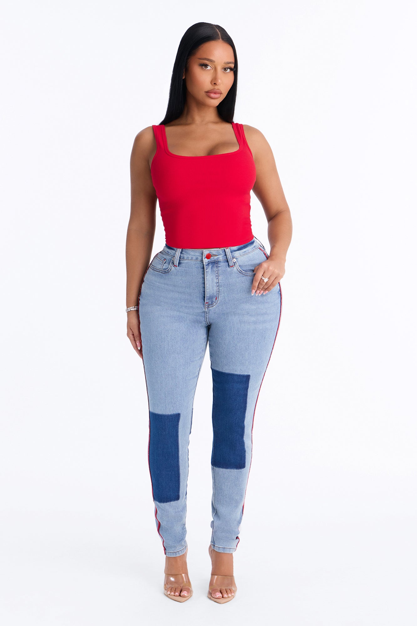 Fast Track Two Tone High Rise Skinny Jeans - Medium Wash