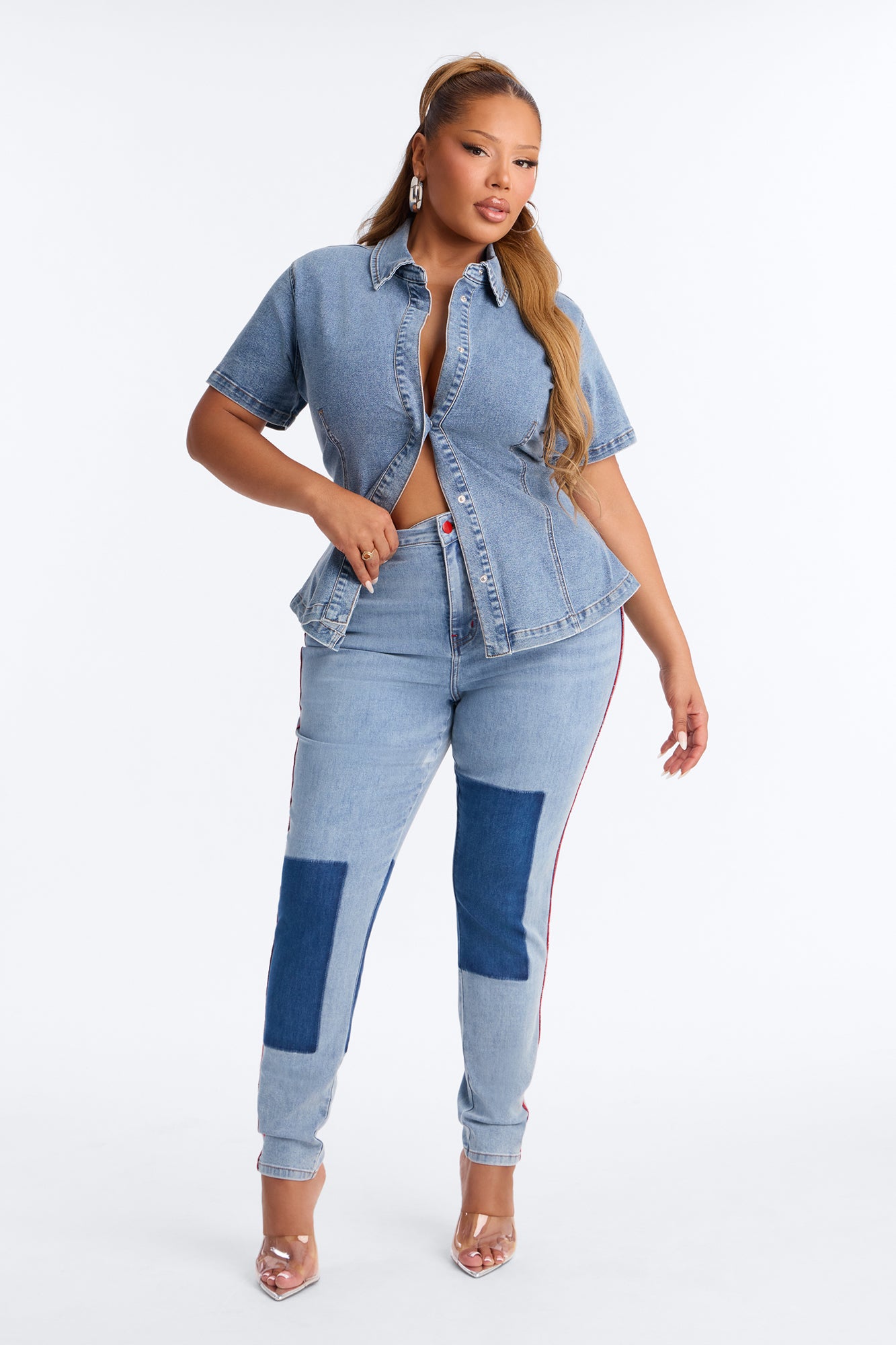 Fast Track Two Tone High Rise Skinny Jeans - Medium Wash