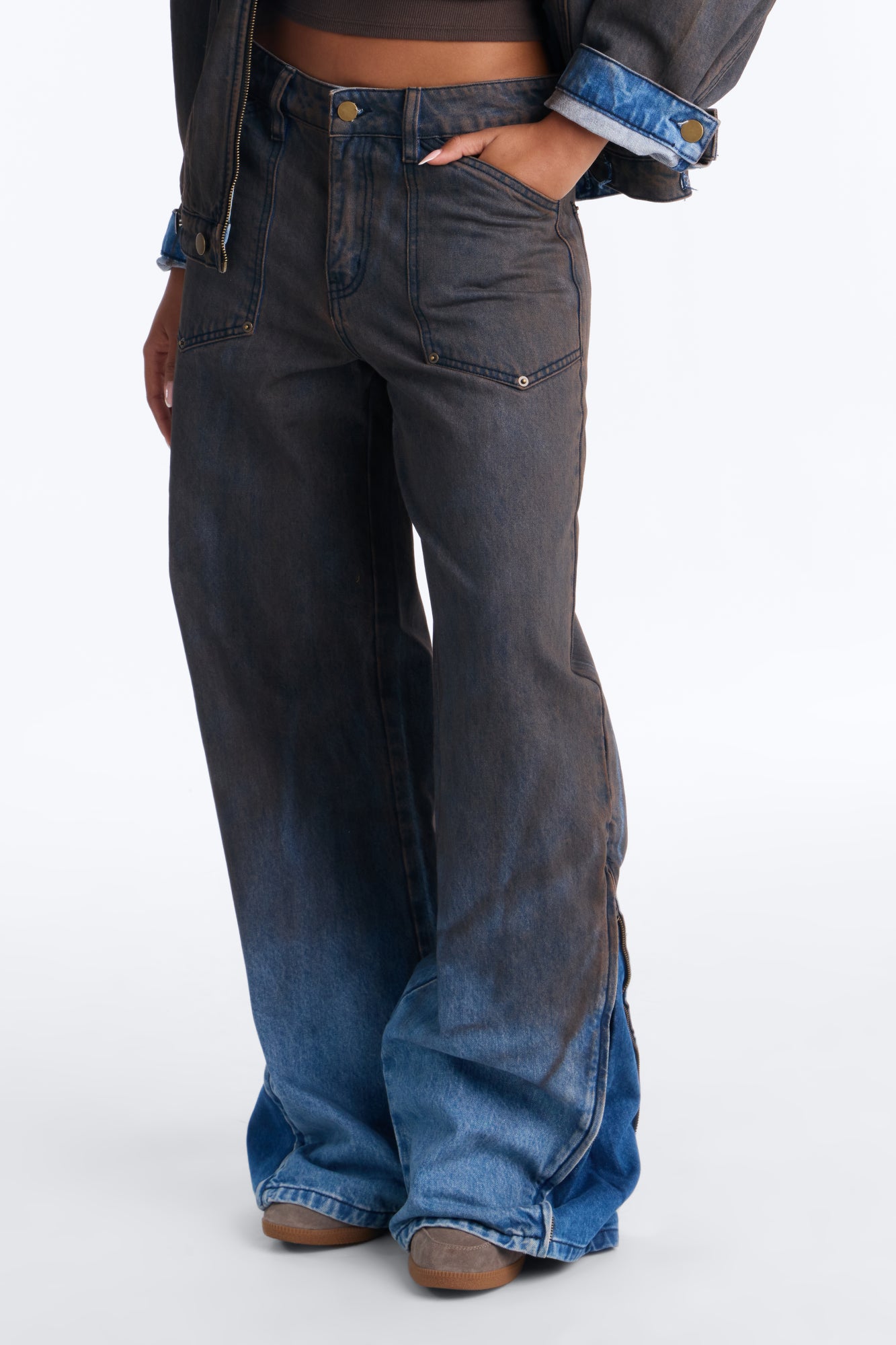Sicily Coated Baggy Wide Leg Jeans - Brown