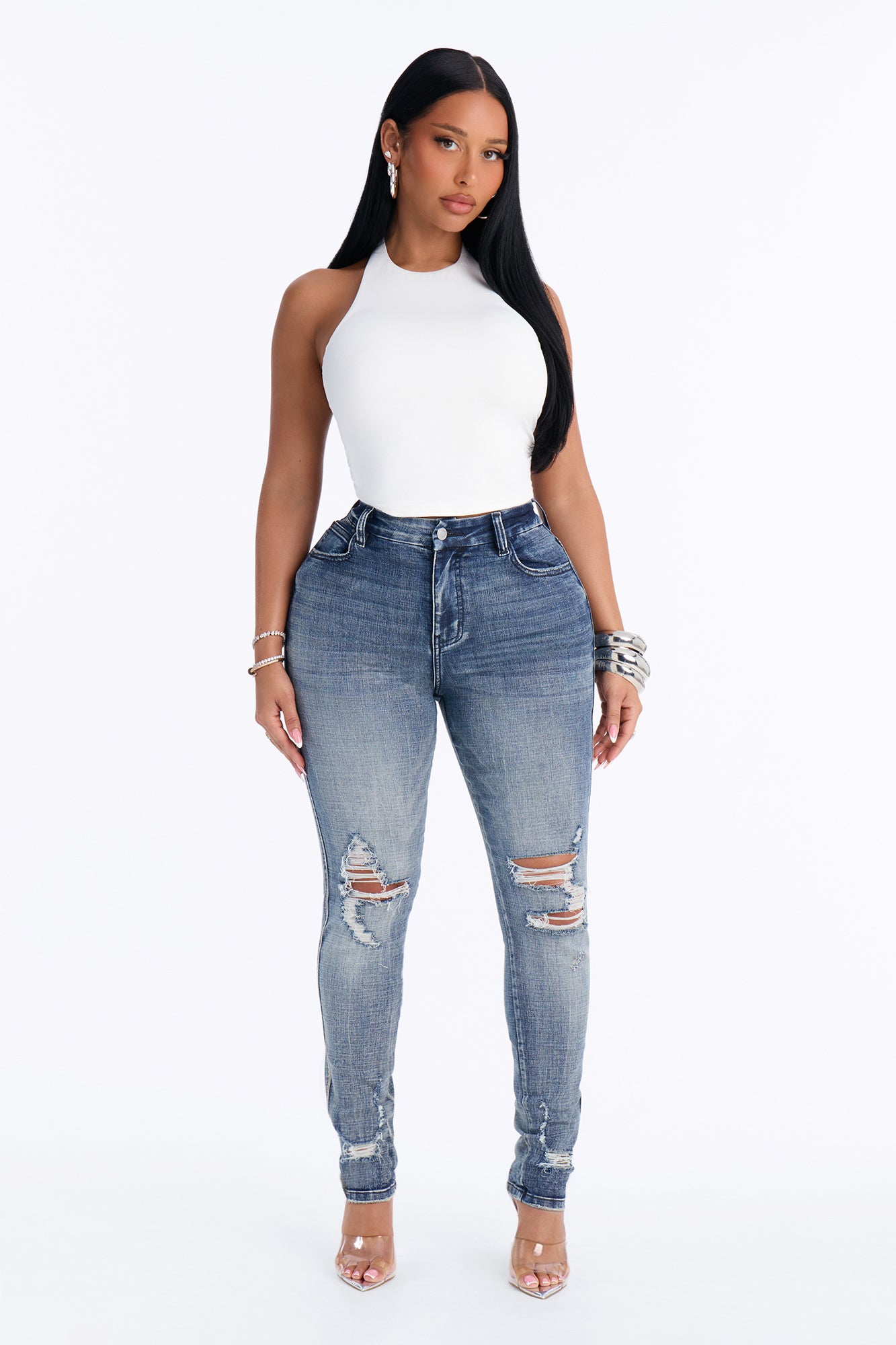 Long Story Short Ripped Sculpting Stretch Skinny Jeans - Medium Wash
