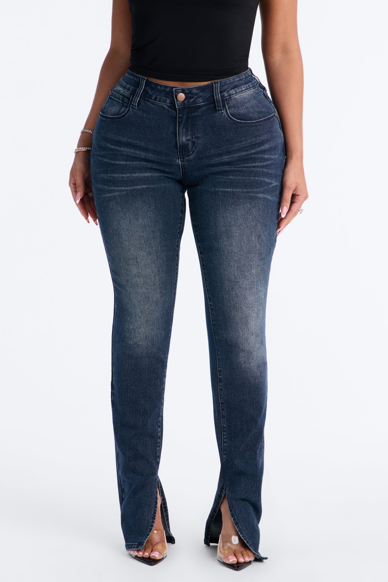 Solina Side Slit Stretch Skinny Jeans - Dark Wash