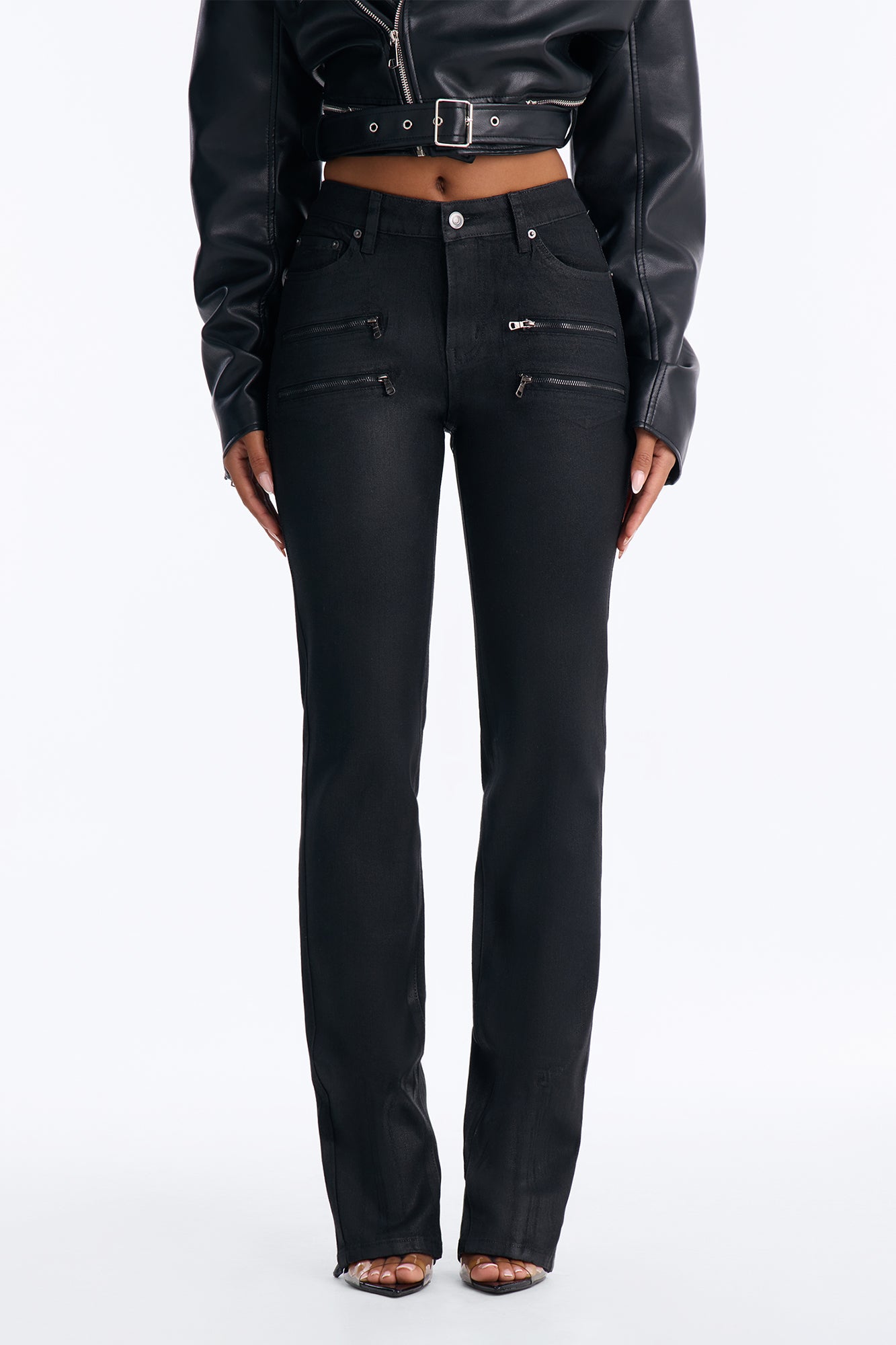 I Was There Coated Split Hem Skinny Jeans - Black