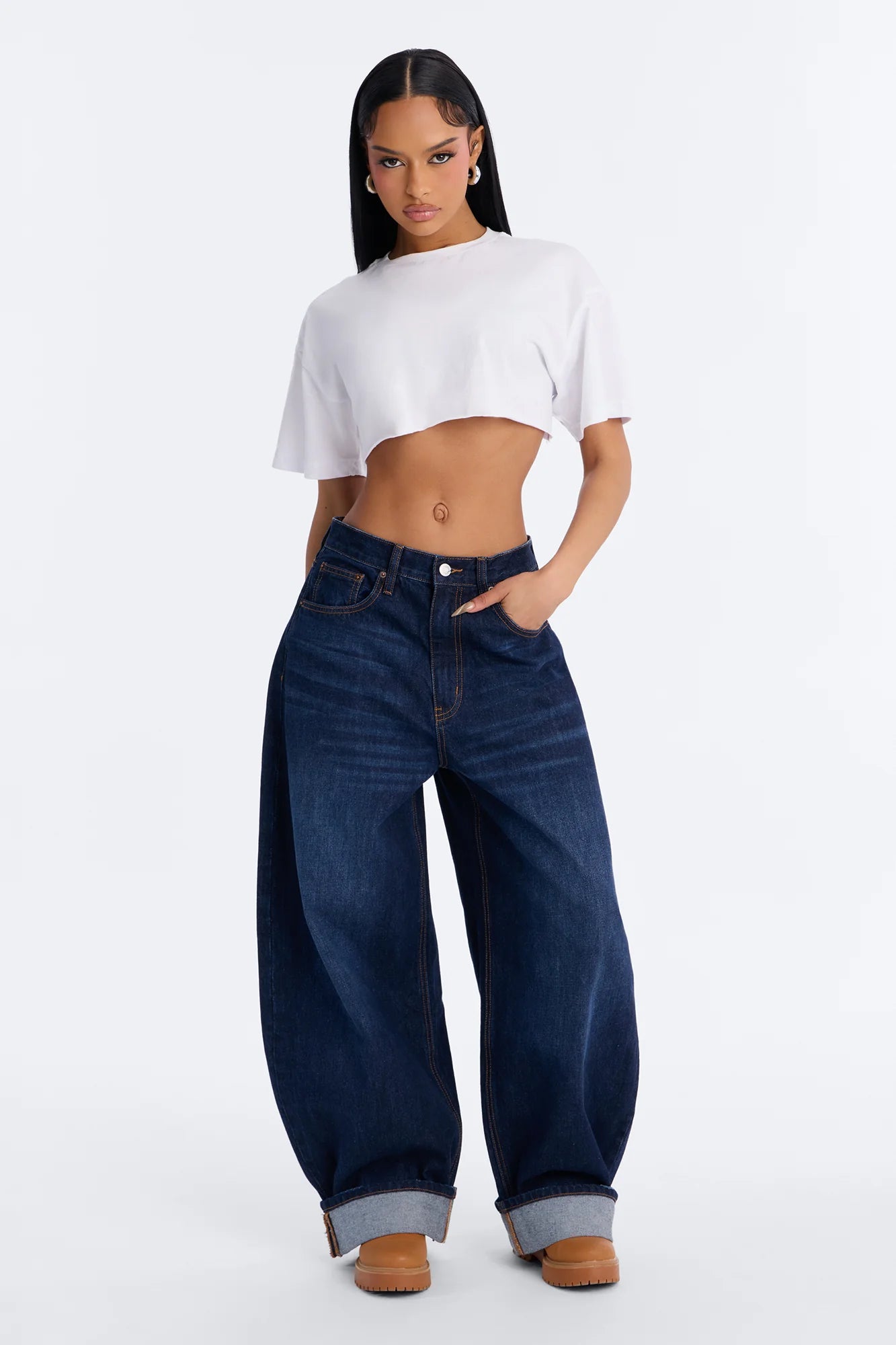 Nowhere To Be Drop Waist Cuffed Balloon Jeans - Dark Wash