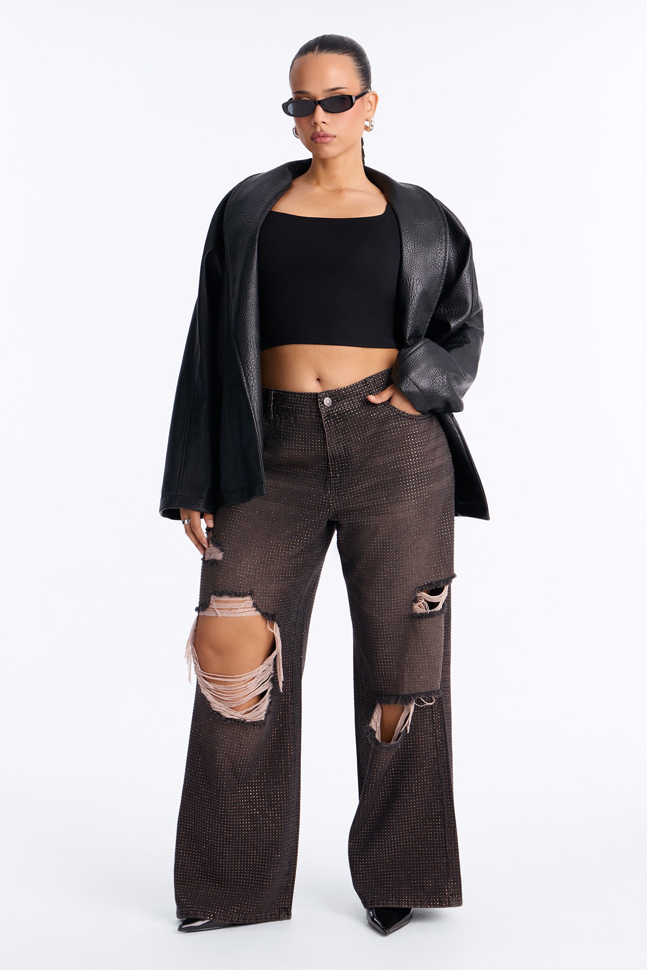 Show Off Rhinestone Embellished Ripped Wide Leg Jeans - Brown